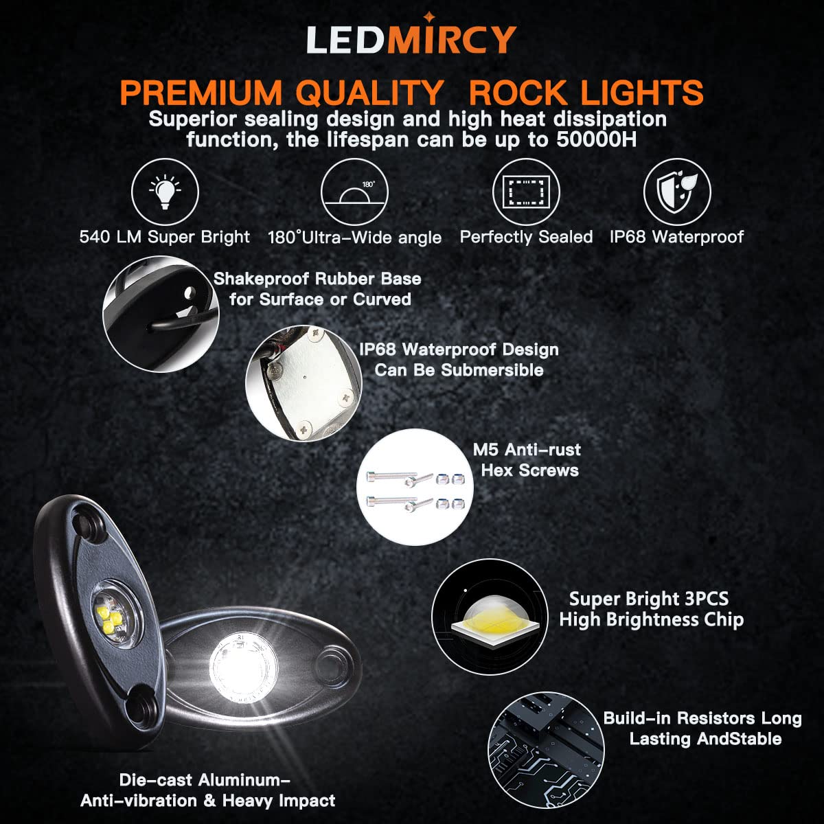 LEDMIRCY LED Rock Lights 30PCS, Pure White 6000K, Aluminum, Waterproof, Shockproof for Off Road Trucks, ATV, UTV, SUV, Boat, Car Underbody