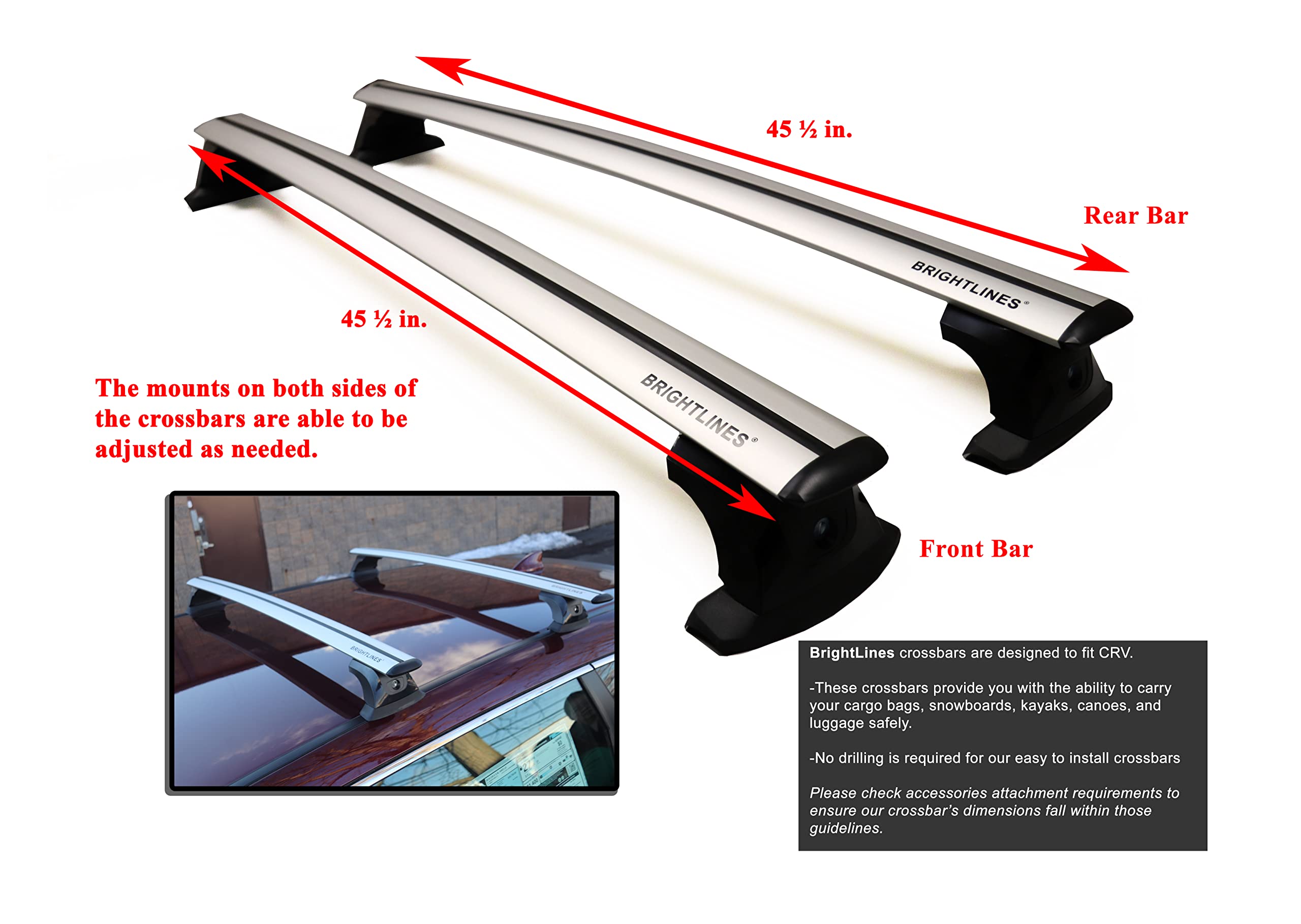 BRIGHTLINES Heavy Duty Aluminum Roof Rack Crossbars for 2012-2024 Honda CRV, Silver, Model BL9-1-B, No Roof Rails