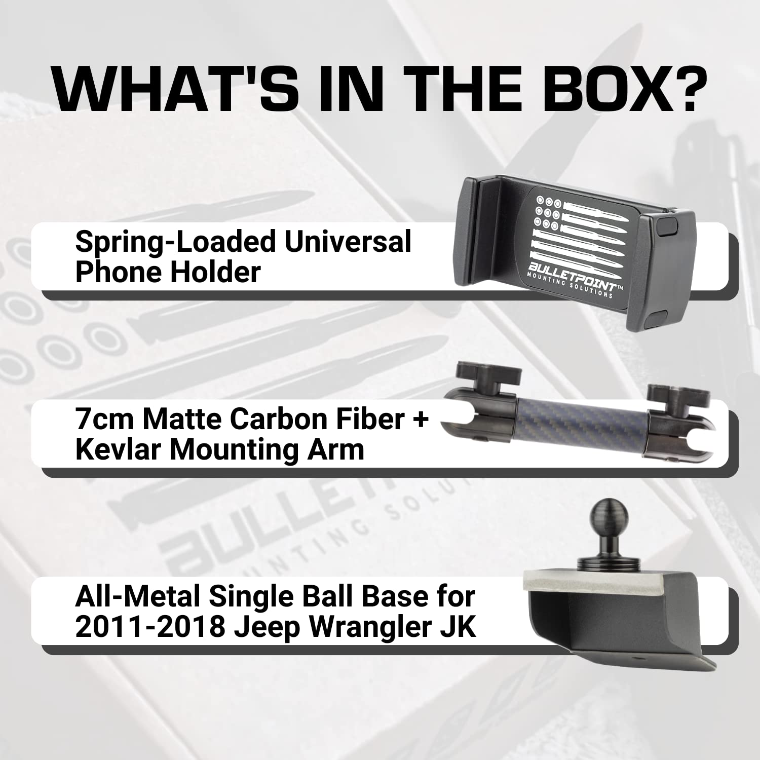 Bulletpoint Dash Mount Cell Phone Holder for 2011-2018 Jeep Wrangler JK, 20mm Ball, Aluminum, Black, Model A-1