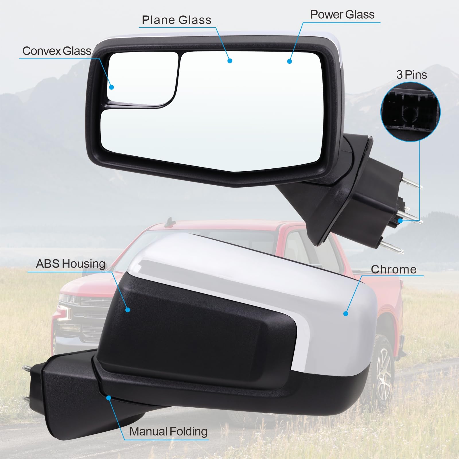 Lqito Left Driver Side Mirror Compatible With 2019-2025 Chevy Silverado 1500 With Power Glass Manual Folding Non-Heated Chrome R