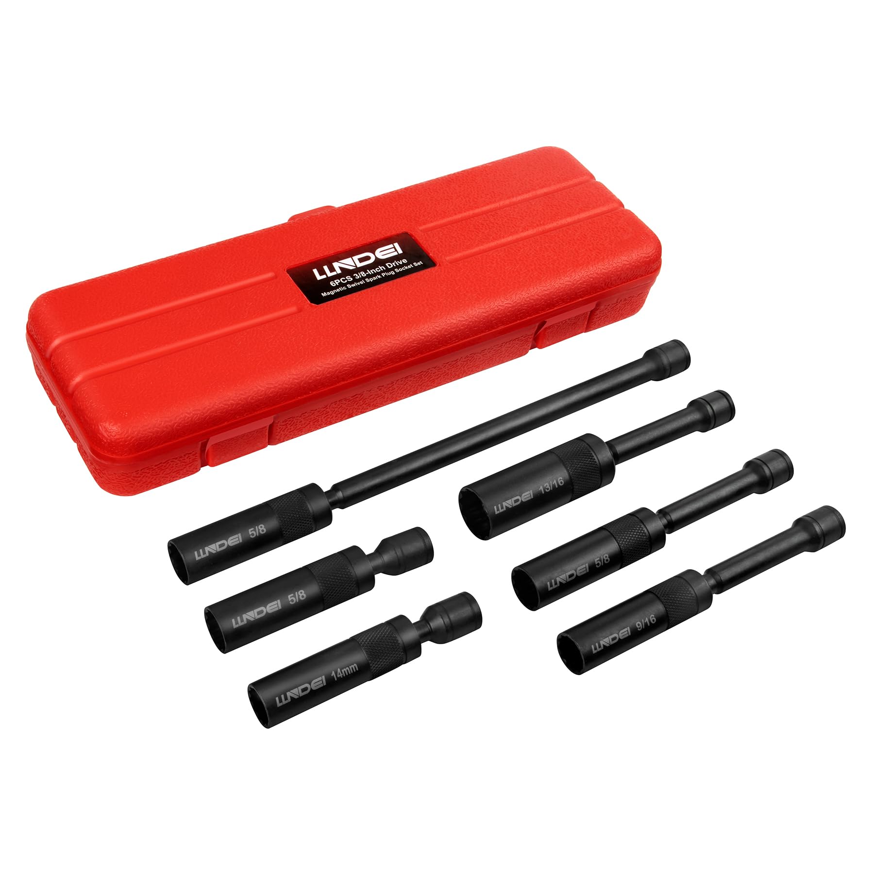 LLNDEI 3/8-Inch Drive Magnetic Swivel Spark Plug Socket Set, Include 12-Point: 14MM 4-inch, 5/8-inch 4-inch, 9/16-inch 6-inch, 5