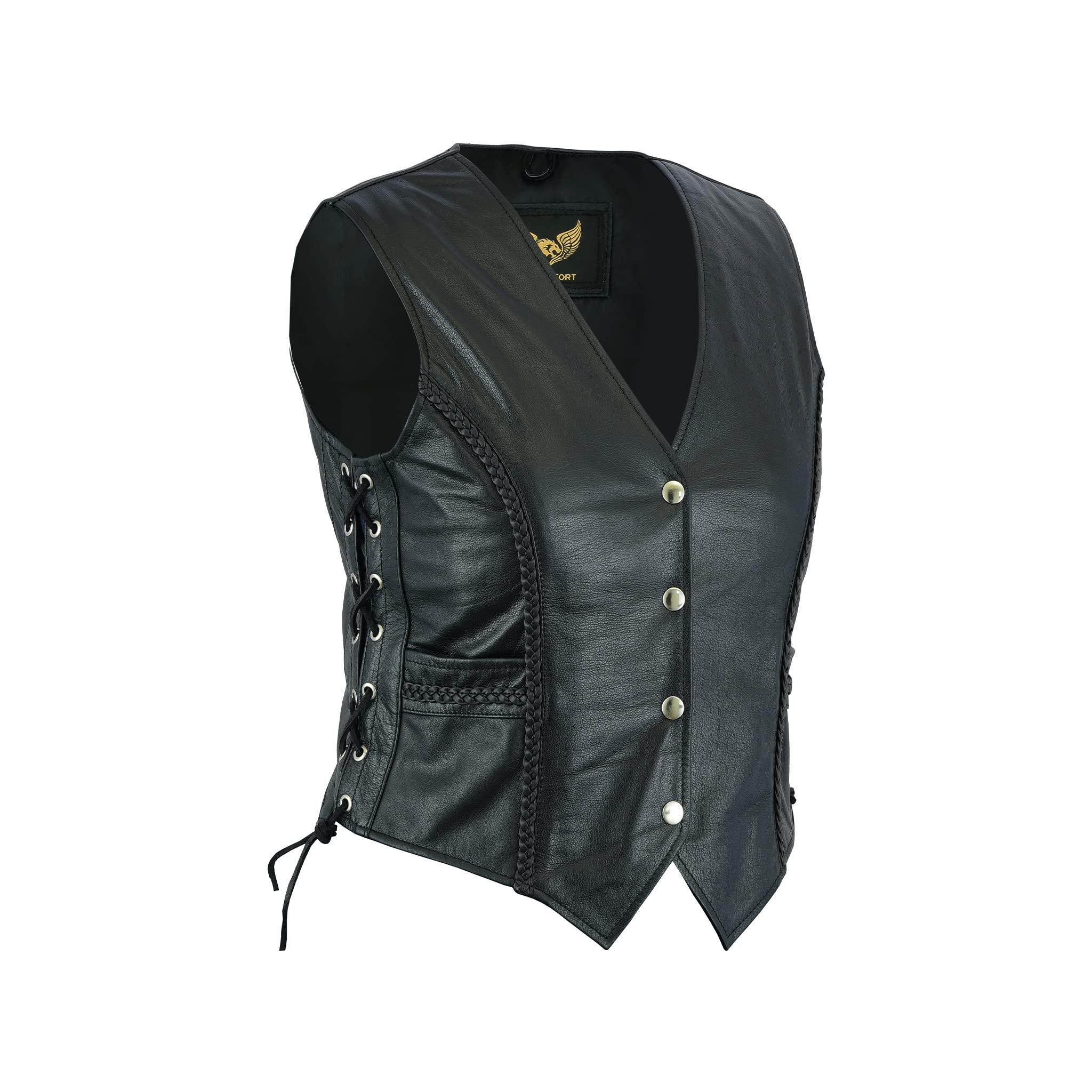 Leatherick Women Top Grain Genuine Buffalo Black Ladies Leather Vests For Motorcycle Bikers (As1, Alpha, M, Regular, Regular, Bl