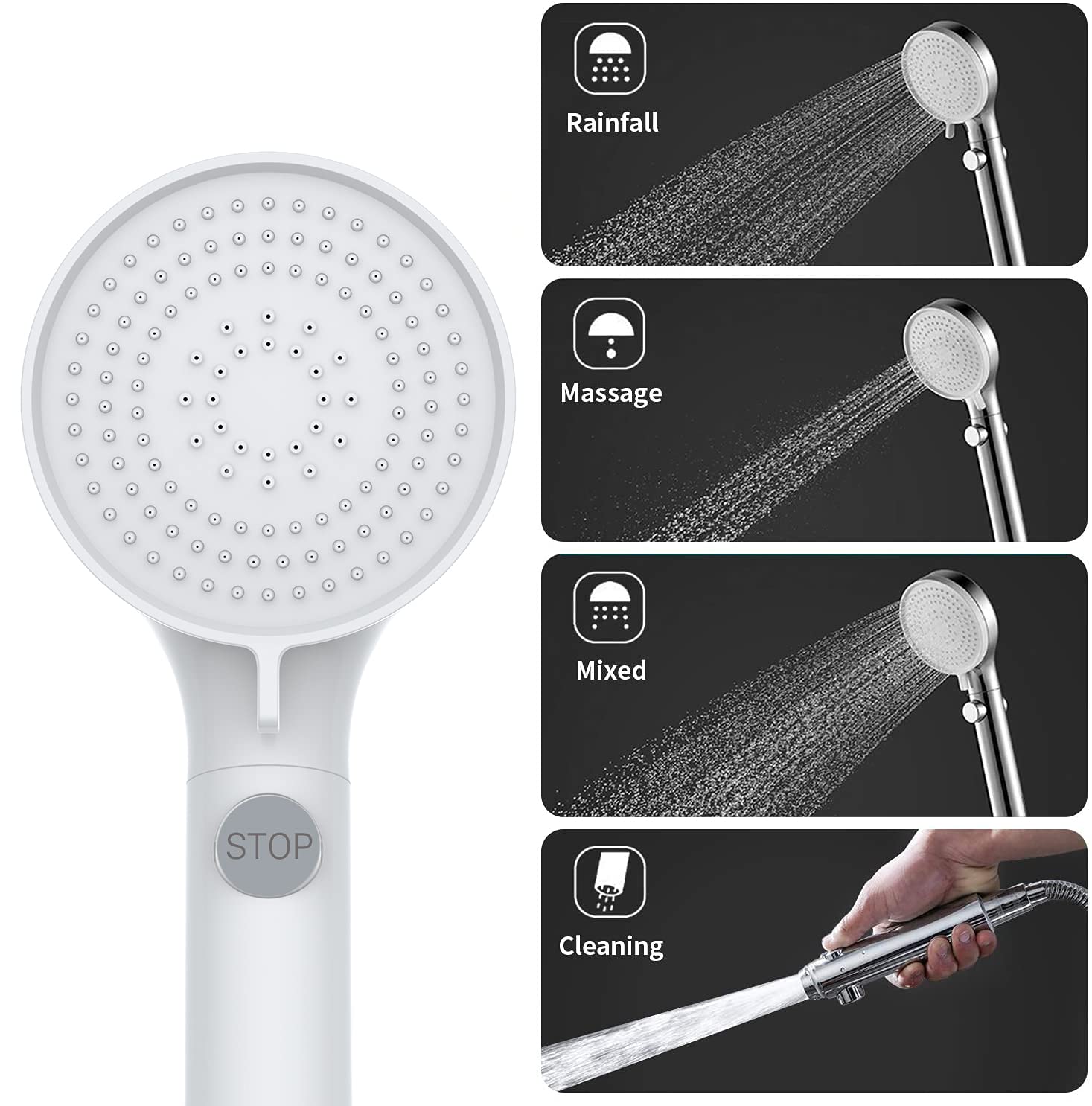 Awelife RV Shower Head - High Pressure 5 Mode Replacement, On/Off Button, White, Model RVS13041W, Easy Install for RV, Camper, Van, Boat