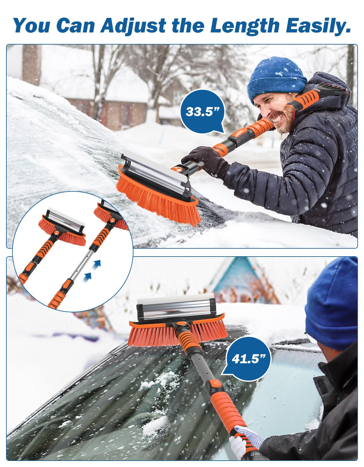 JOYTUTUS Extendable Snow Brush and Ice Scraper, 41.5" Telescoping, 270° Pivoting, Heavy Duty, Foam Grip, Blue, Model 2904-