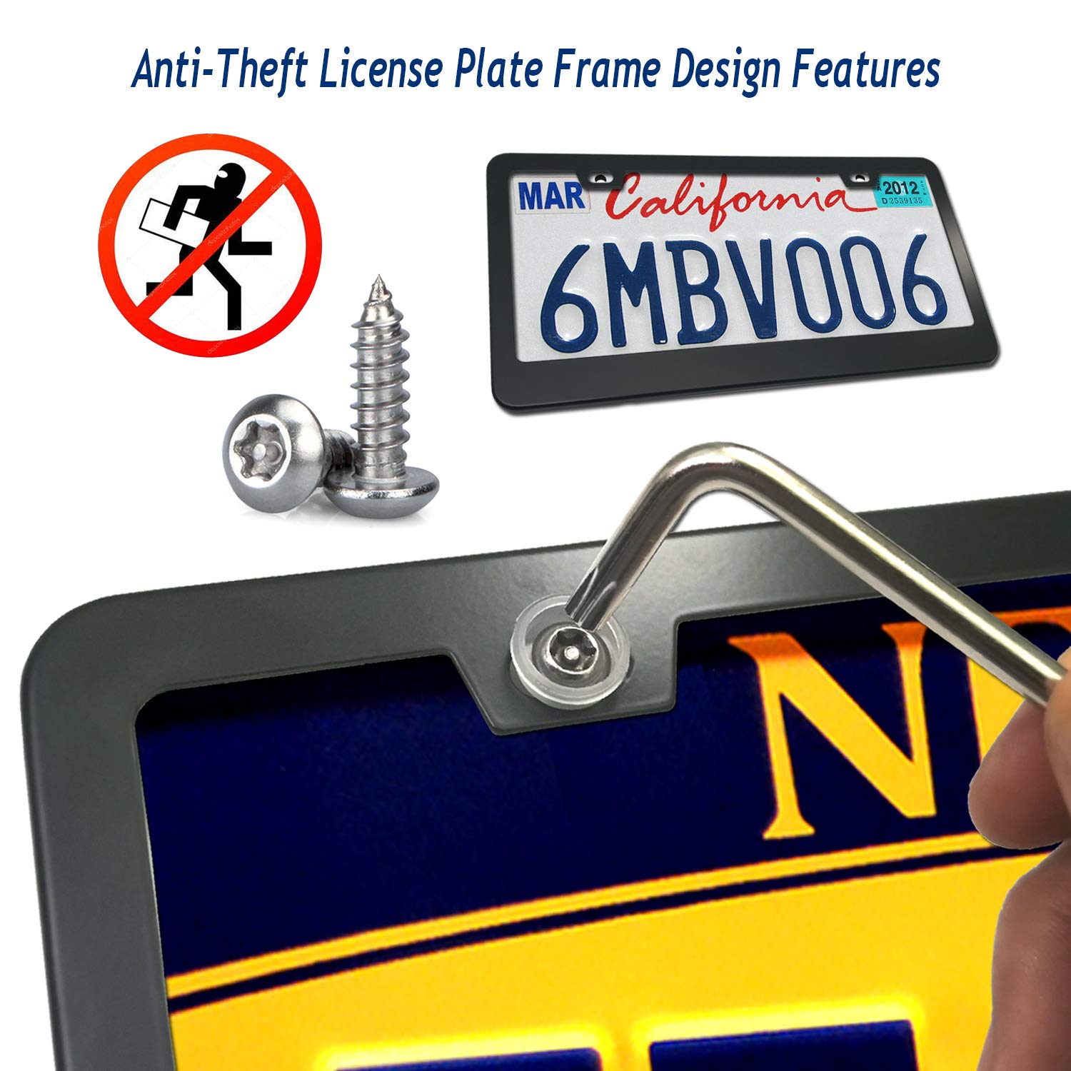 AOOTF Anti Theft License Plate Frame - Heavy Duty Black Aluminum, 2 Pack with Stainless Steel Lock Security Screws, Universal Fit