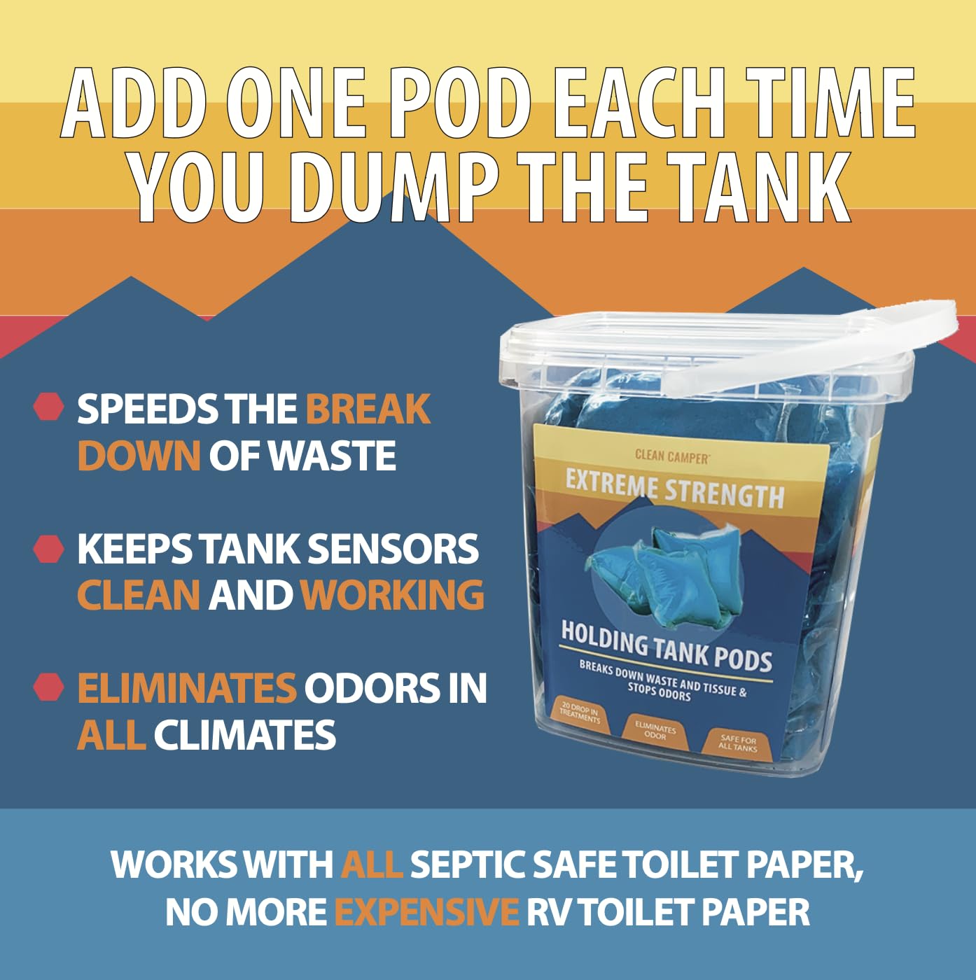 Clean Camper RV Holding Tank Pods - Extreme Strength, 20 Count, Bio-Active Enzyme Formula, Septic-Safe, Maximum Odor Control