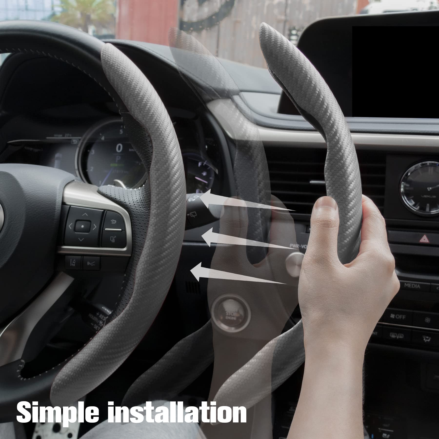 Amiss Car Carbon Fiber Anti-Skid Steering Wheel Cover, Segmented Protector, Butterfly Universal 99% Cover Interior Accessories (Grey)