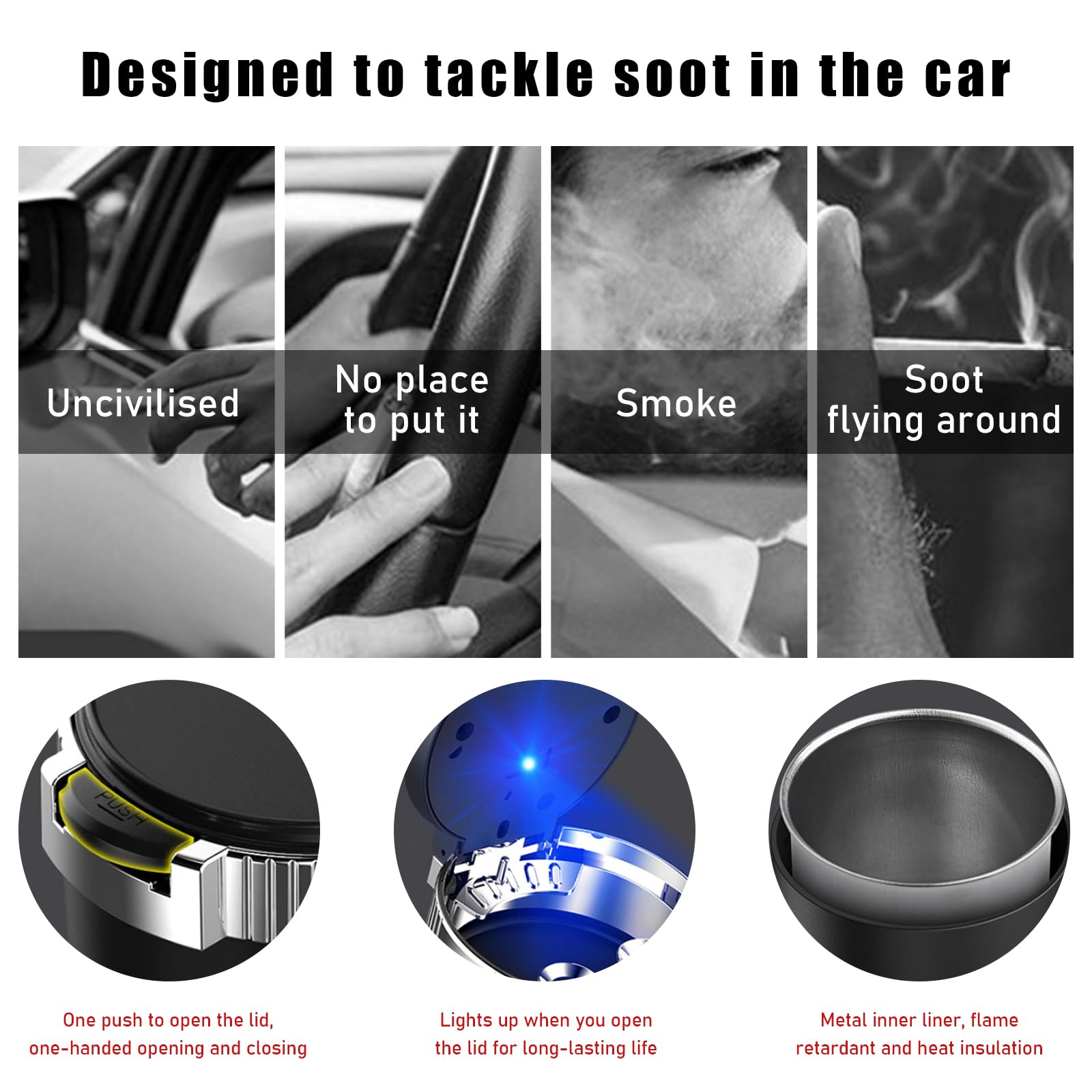 Dickno 2 PCS Car Ashtray with Lid, Detachable Stainless Smokeless Auto Ashtray, Portable Mini Vehicle Trash Can with LED Blue Li