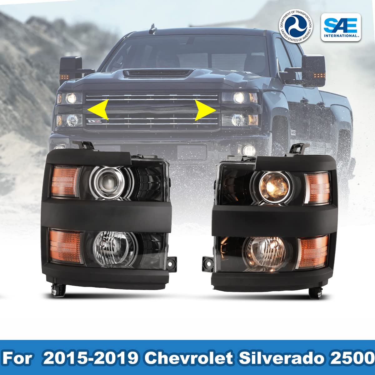 ROXX Headlight Assembly Fit for 2015-2019 Chevy Silverado 2500&3500, Low/High Beam Headlight Replacement for 2015-2019 Chevy Sil