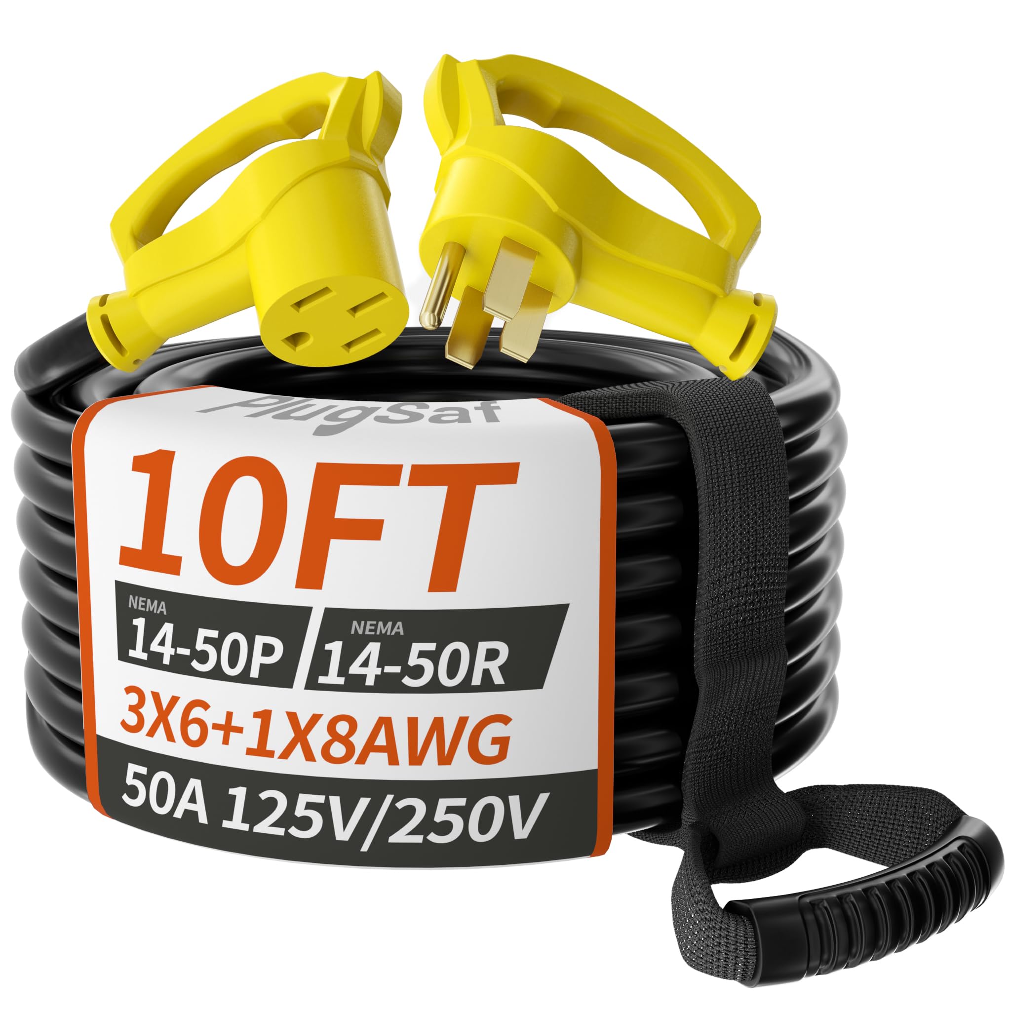 Plugsaf 10 Ft 50 Amp Rv/Ev Extension Cord Outdoor With Grip Handle, 4 Prong Flexible Heavy Duty 6/3+8/1 Gauge Stw Rv Power Cord