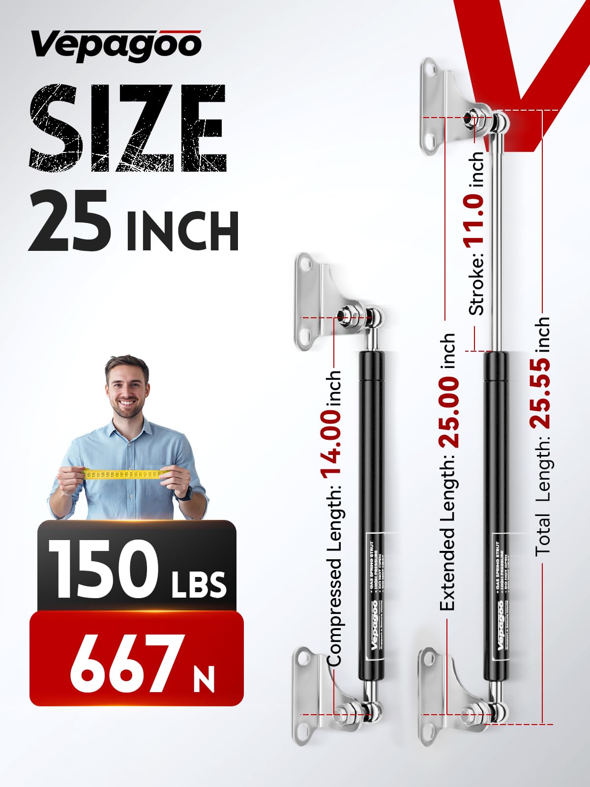 Vepagoo Gas Struts 25 Inch 150Lb/667N Shock With Mounting Brackets, Rv Bed Storage Door Lift Kit, Heavy Lid Duty Springs (Fit 13