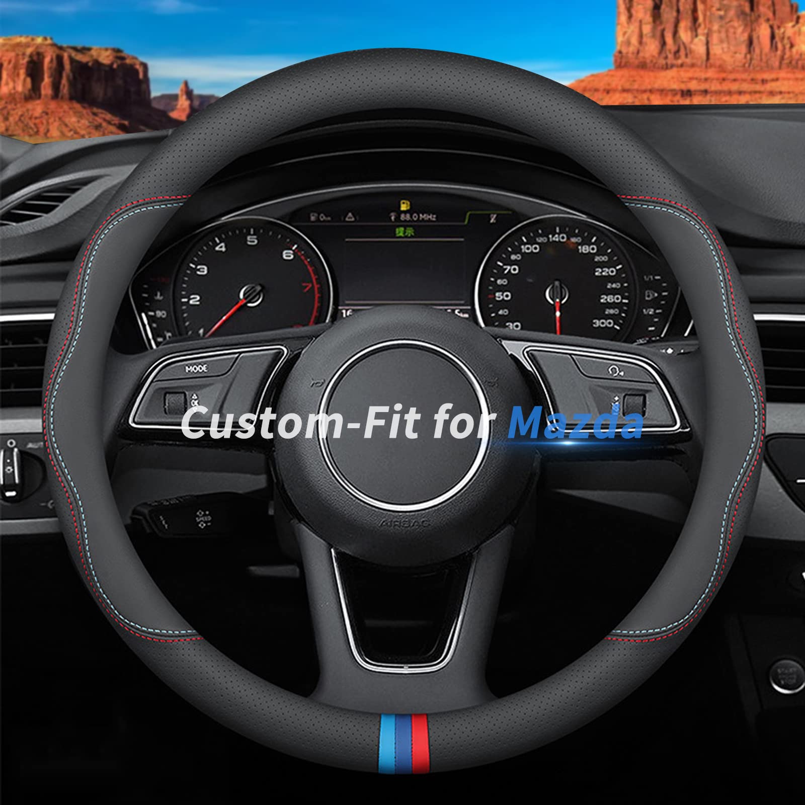 Custom-Fit For Mazda Steering Wheel Cover, Premium Leather Car Steering Wheel Cover With Logo, Non-Slip, Breathable (C-Style,For