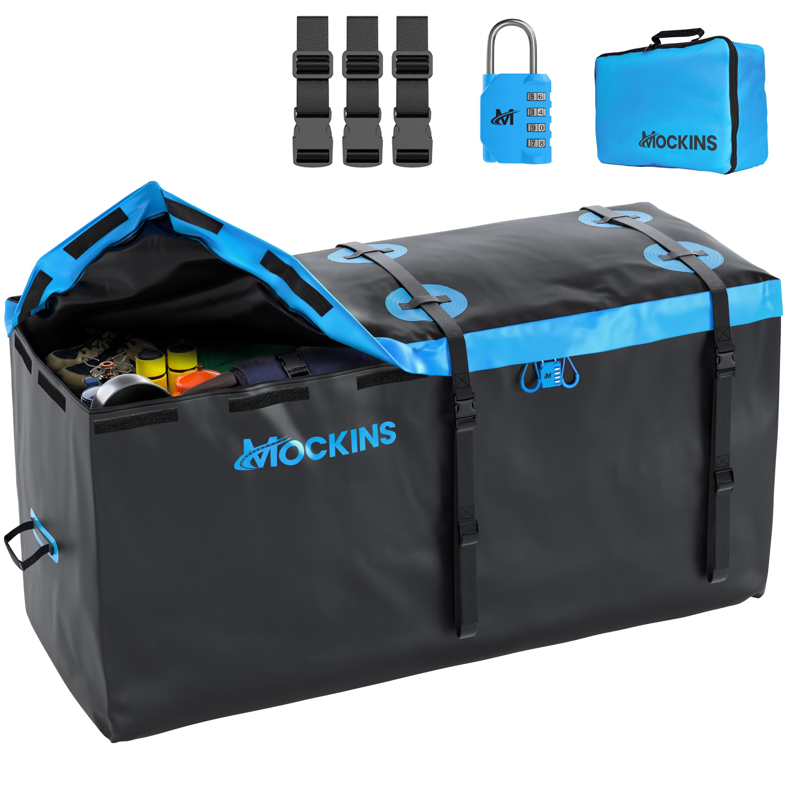 Mockins 25 Cu.Ft. Large Trailer Hitch Cargo Carrier Bag | 60x24x31 Soft-Shell Vinyl Cargo Bag for Hitch Carrier | Weatherproof C