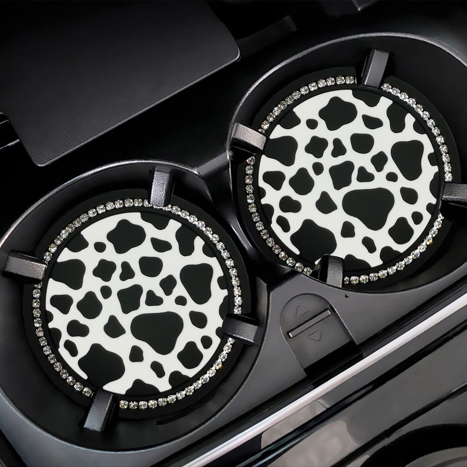 2Pcs Bling Cow Print Car Accessories For Women, Universal Auto Cute Anti Slip Cup Holder Insert Coaster