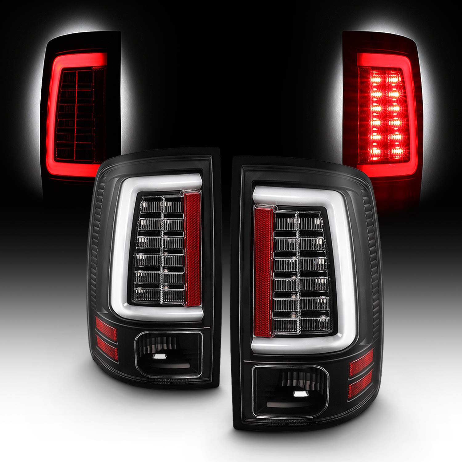 AKKON - Fits 2009-2018 Ram 1500 2010-2018 Dodge Ram 2500 | 3500 Lumiled LED Type [C-Tube Bar] Black Tail light Pair Left + Right