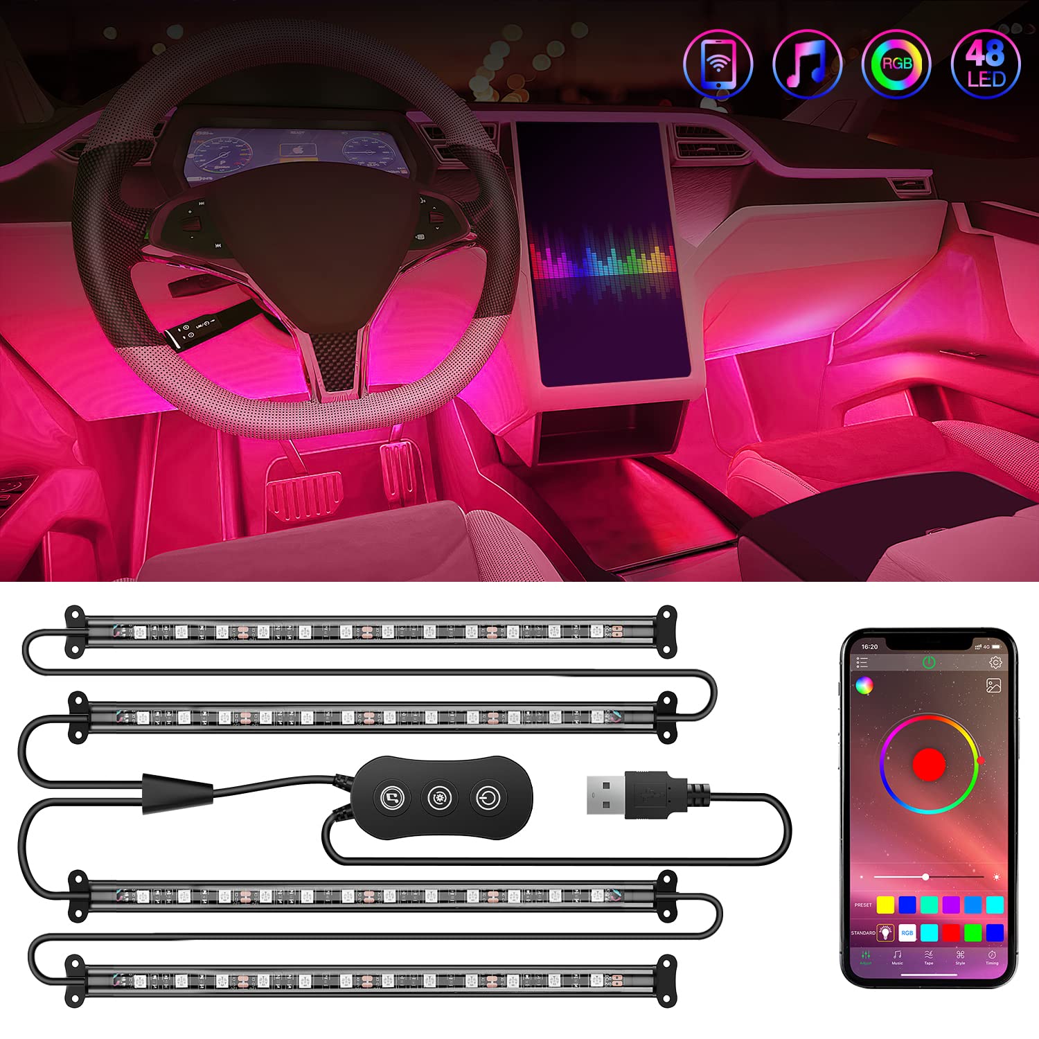 Nilight Car Interior Lights With App Control 16 Million Rgb Colors Strip Lights With Music Sync Mode And Multiple Scene Options