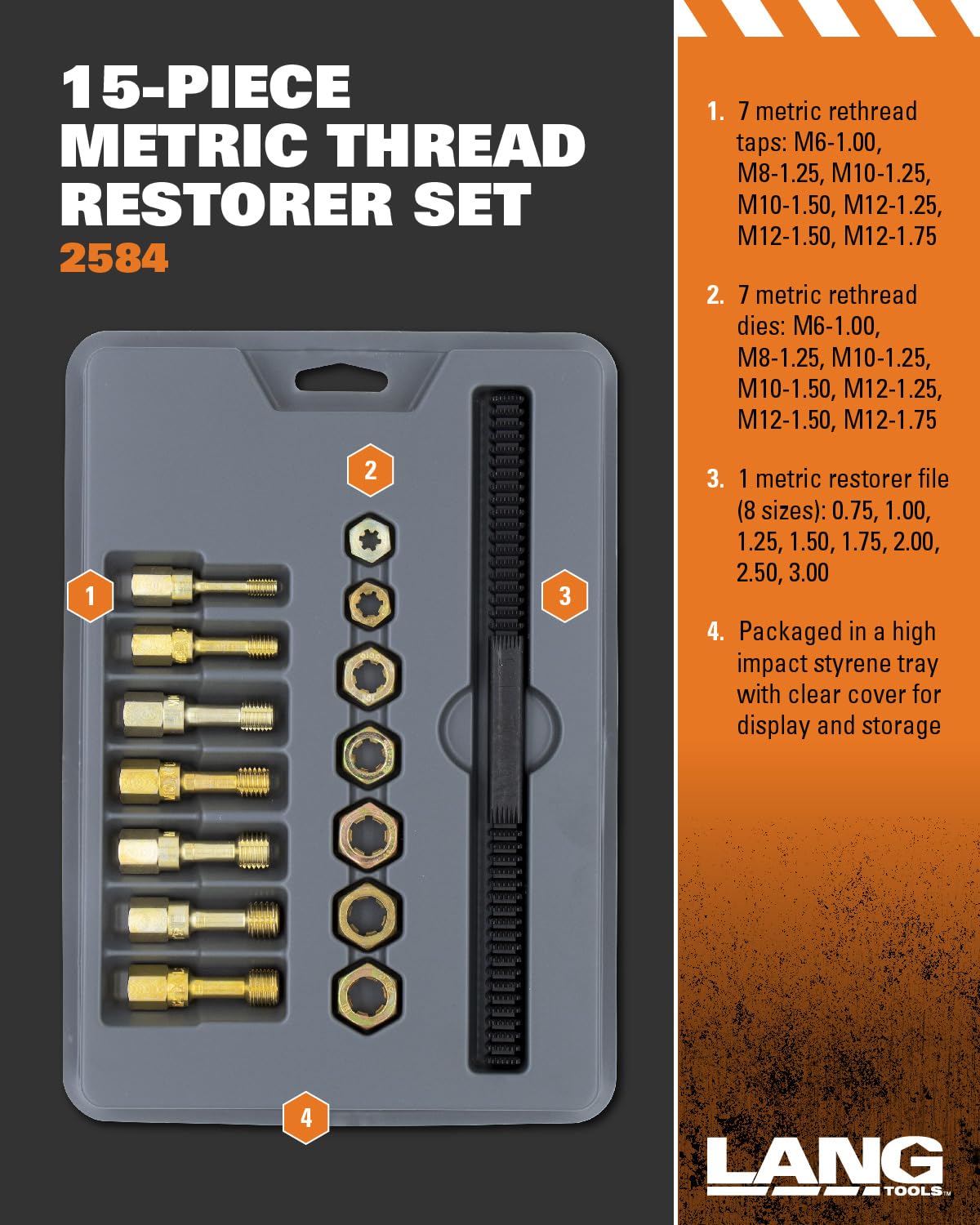 Lang Tools 2584 15-Piece Metric Thread Restorer Set, Black , Gray