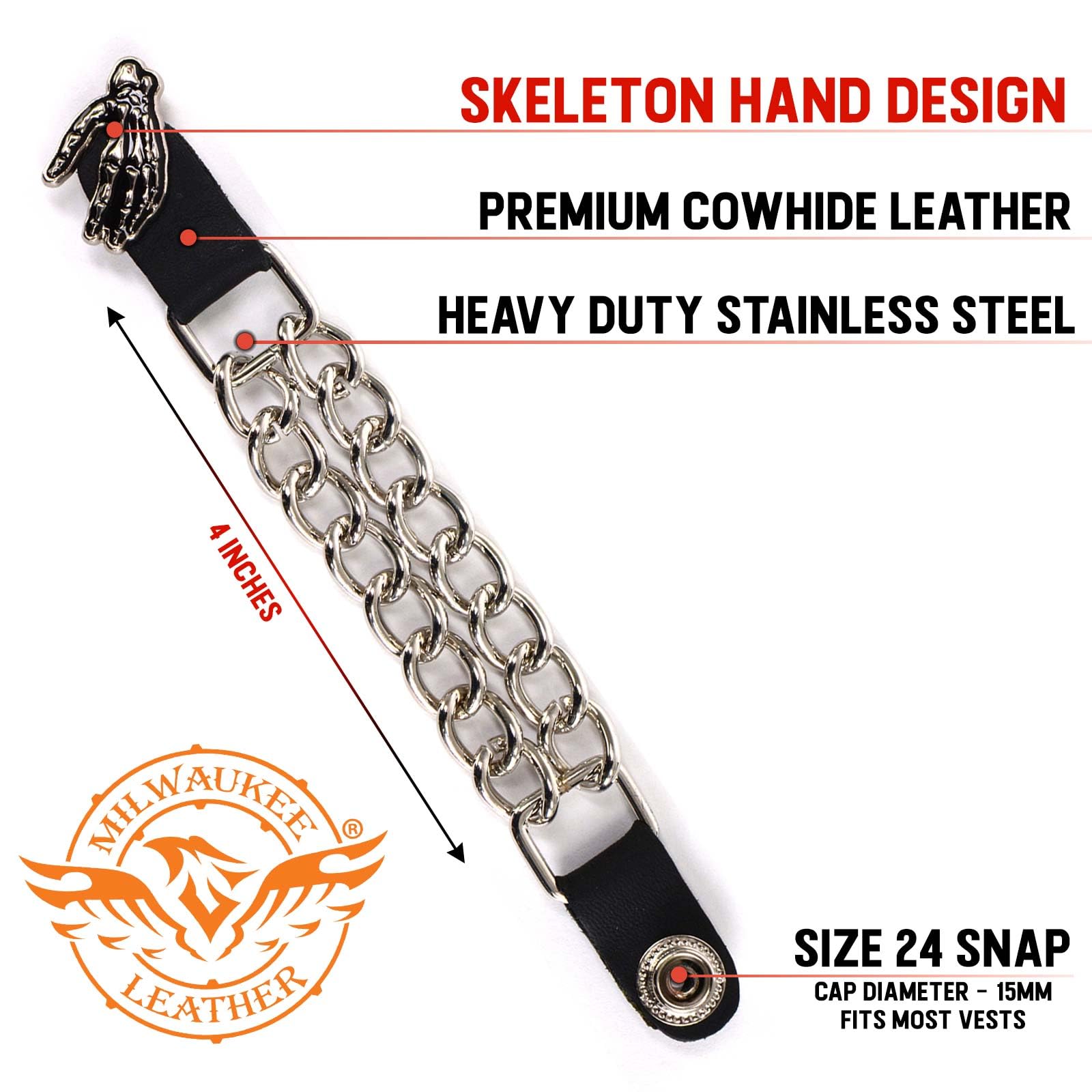 Milwaukee Leather MLA6026SET Skeleton Hand 4-PCS Vest Extender Double Chrome Chains w/Genuine Leather 4'' Extension - 4 Inch
