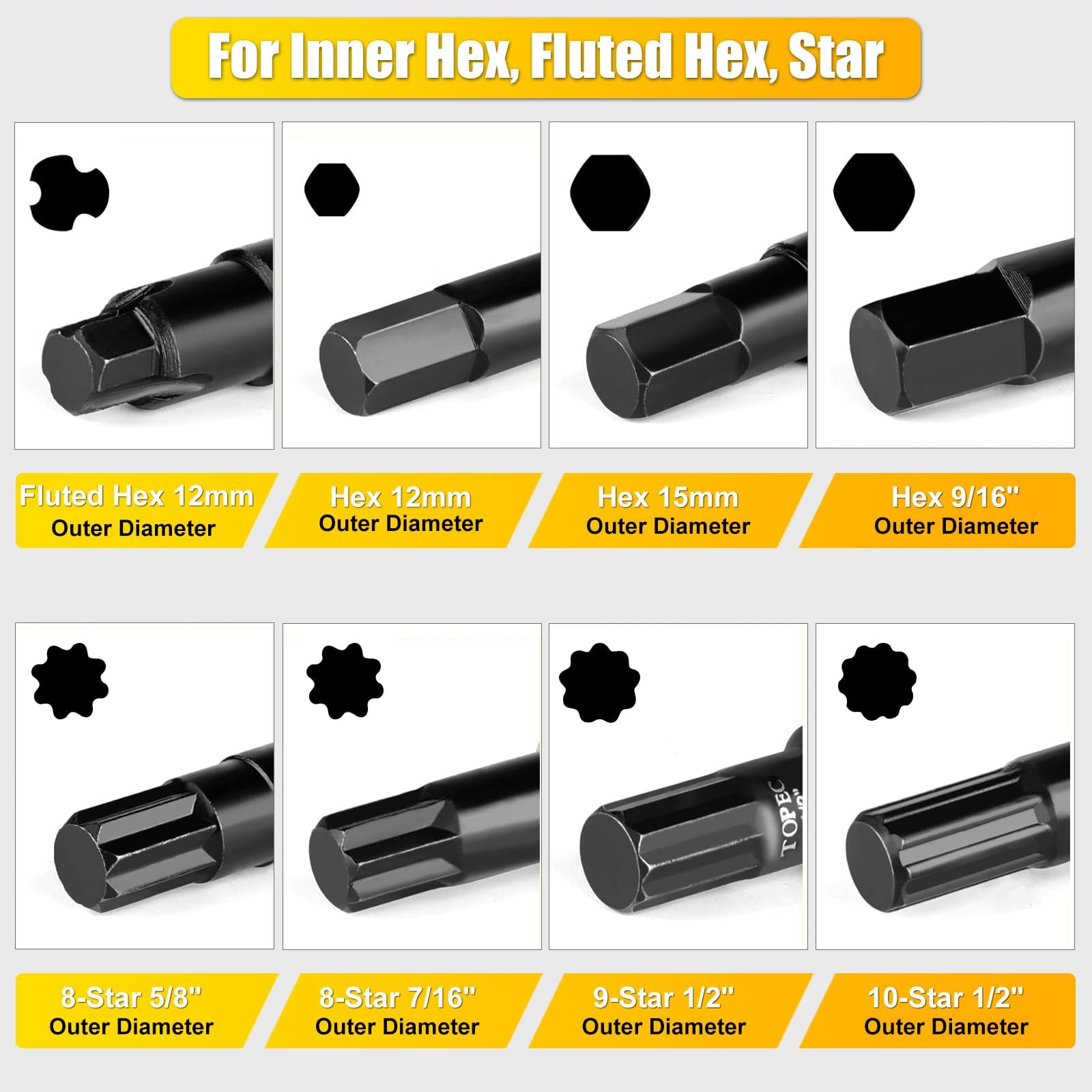Topec 16-Piece Locking Lug Nut Key Set, CR-MO Steel, Black Oxide, 5, 6, 7, 12 Spline Socket, Star & Internal Hex