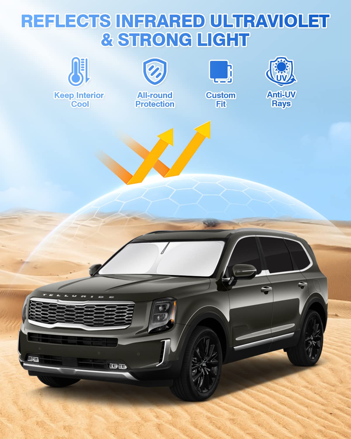 Canvcle Windshield Sun Shade for 2020-2025 Kia Telluride - Black 8PCS Side & Rear Window Protection