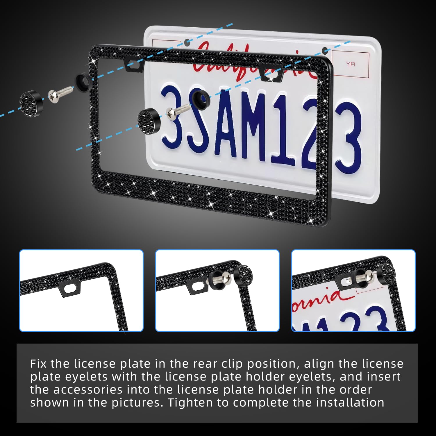 OKLPF Bling License Plate Frame for Women - 2PCS Sparkly Black Frames with 1200+ Bedazzled Rhinestones, Model OK0525, Free Glitter Box