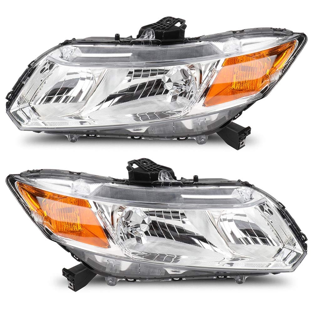 LSAILON Headlights Assembly Replacement Fit For Honda Civic 2012-2015 Chrome Housing Amber Reflector Clear Lens Driver and Passe