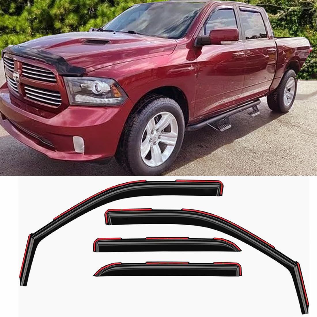 Dark Smoke In-Channel Window Visors Rain Guards For Truck 09-18 Dodge Ram 1500 Crew Cab, 2010-2024 Ram 2500 & 3500 Crew & Mega C