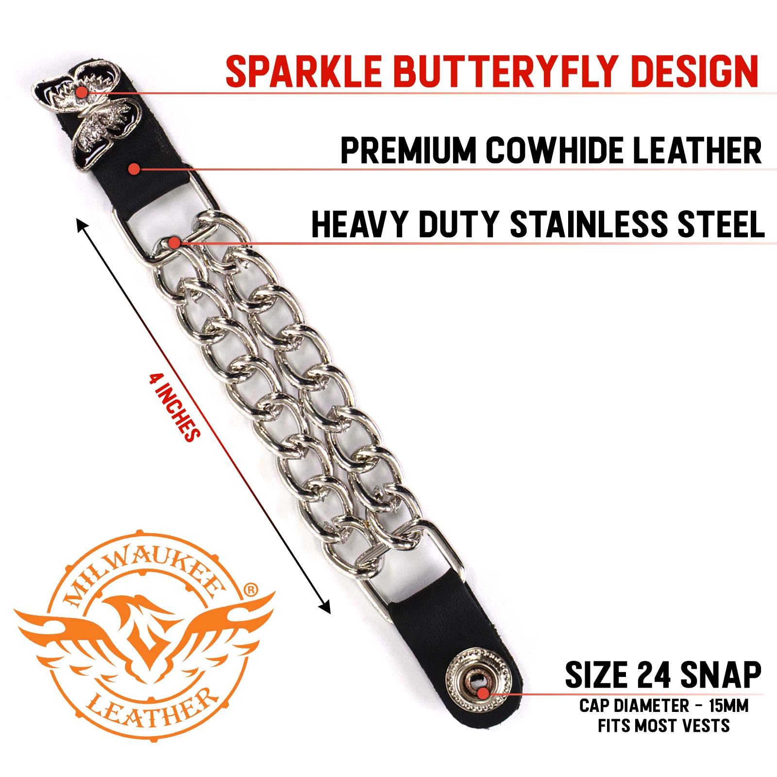Milwaukee Leather 4 Sparkle Butterfly Ribbon Vest Extender - Double Chrome Chains, Genuine Leather, MLA6022SET