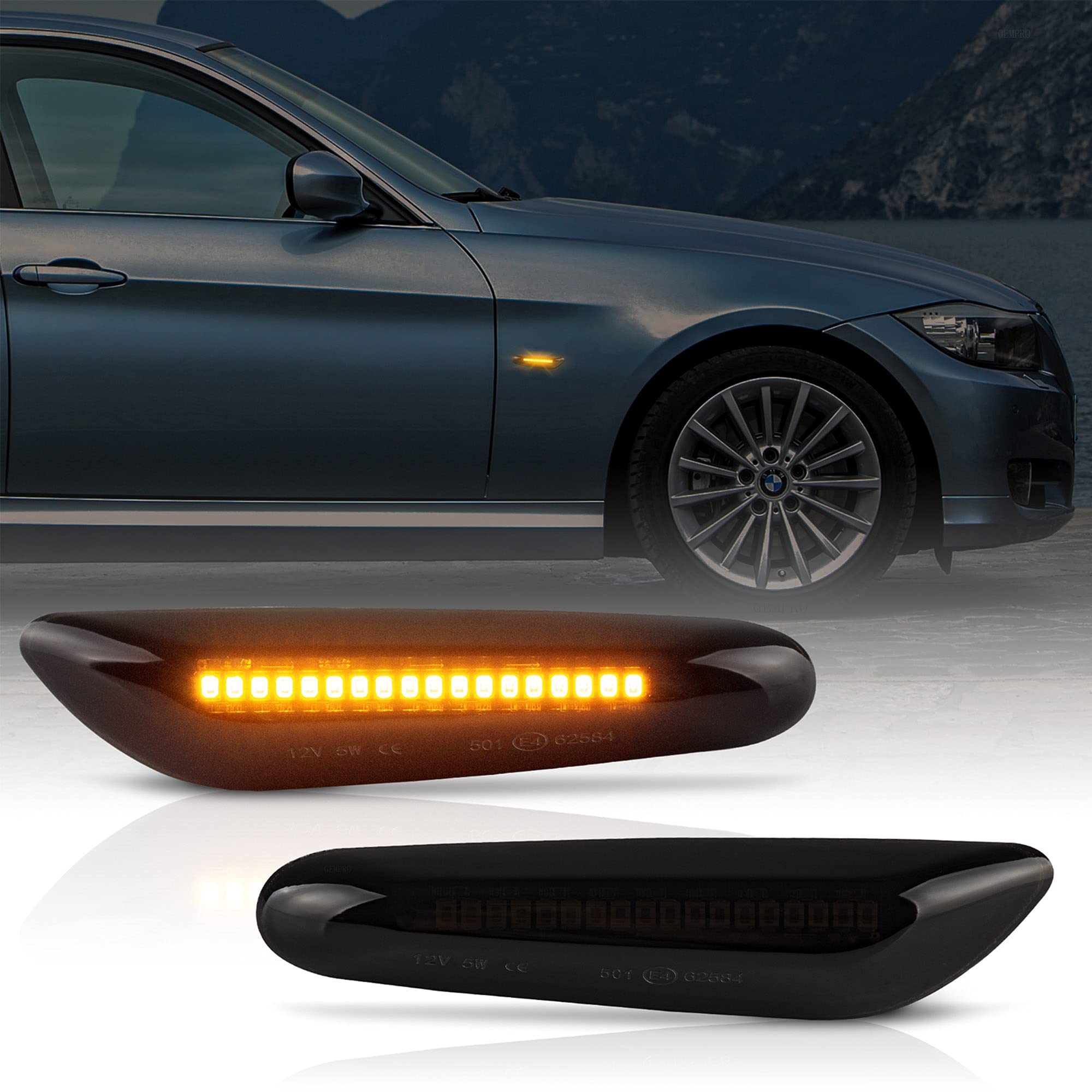 Gempro 2-Pack Amber Led Side Marker Turn Signal Lights Smoke Lens Blinker For Bmw E90 E91 E92 E93 E46 E53 E60 E61 X3 E83 X1 E84