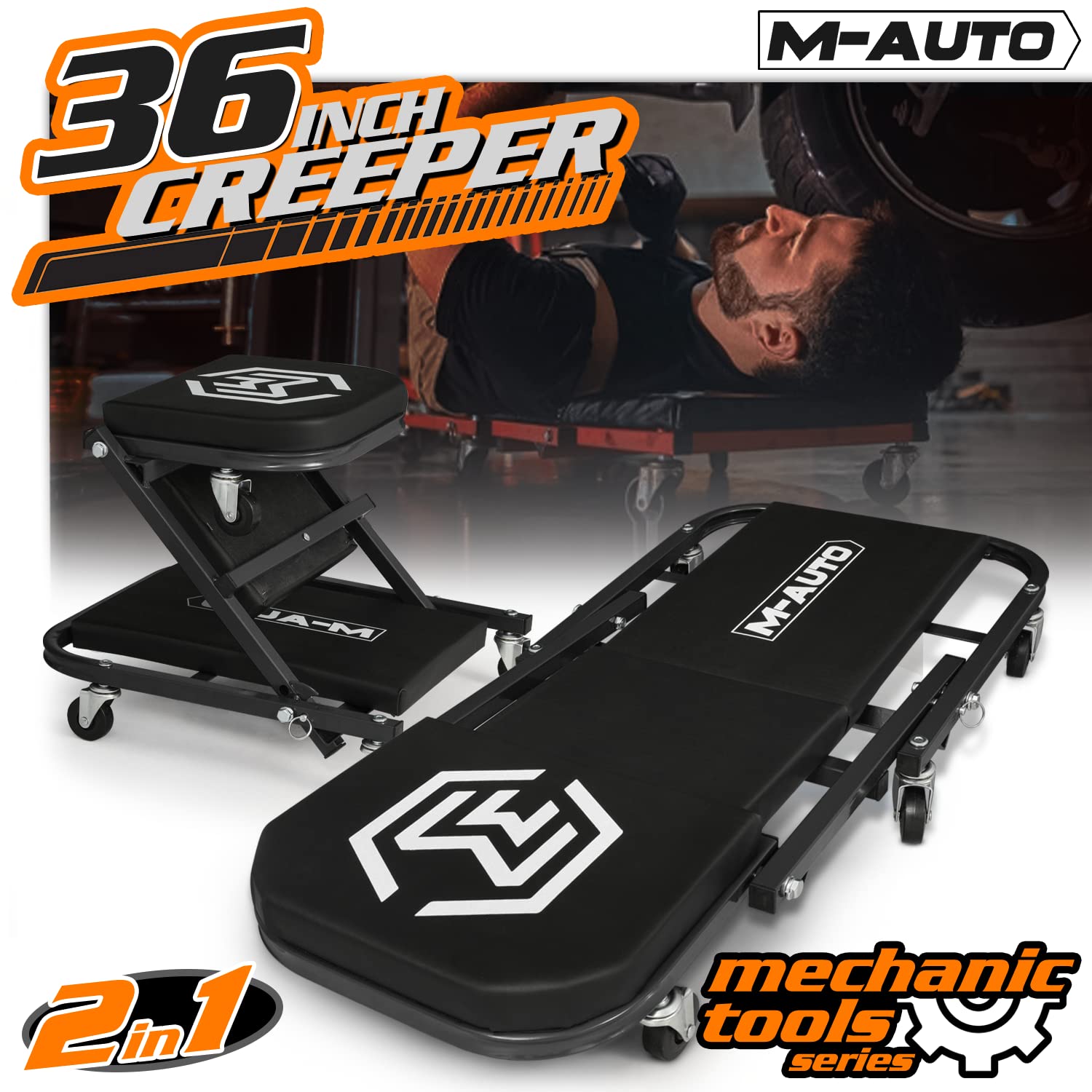M-Auto Foldable Z Creeper 2-In-1 Rolling Folding Car Creeper & Seat, 36'' Adjustable Roller Garage Chair Lay Down Or Sit, 330Lbs