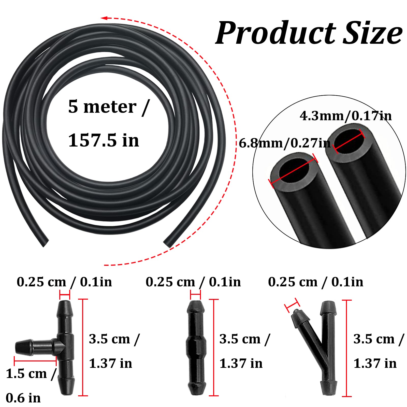 Windshield Washer Hose Kit - Includes 4 Meter Washer Fluid Hose & 12 Pcs Hose Connectors, Compatible With Most Vehicle Windshiel