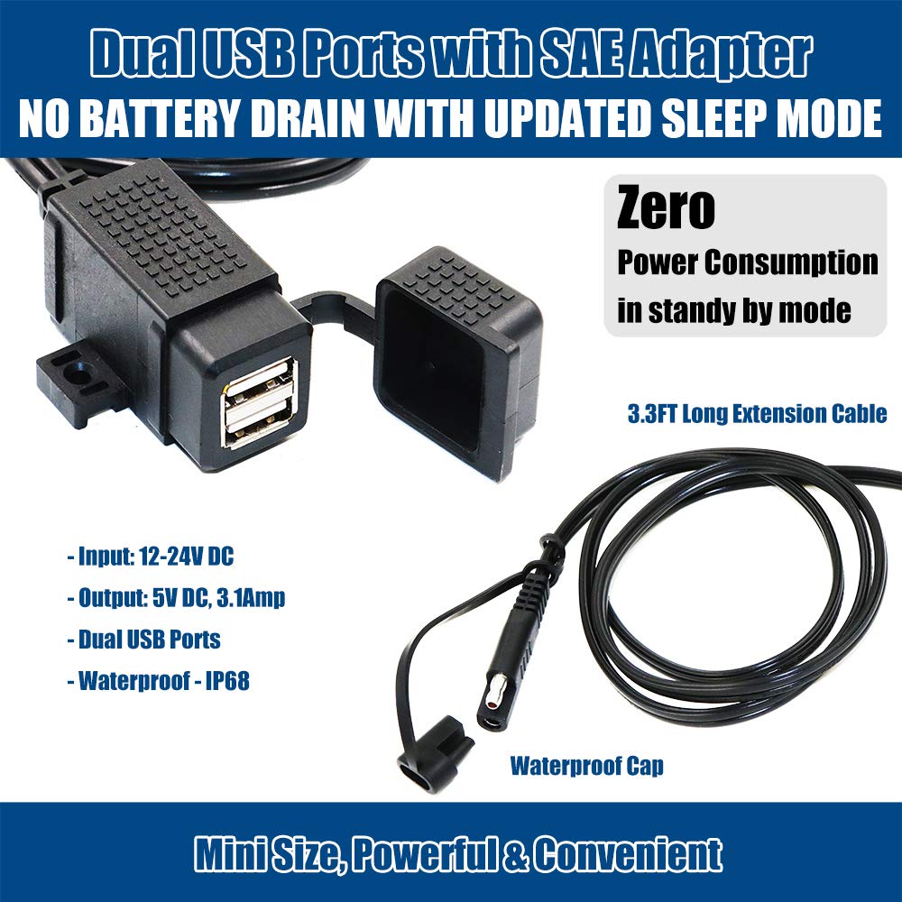 Motopower Mp0609C 3.1Amp Waterproof Motorcycle Dual Usb Charger Kit Sae To Usb Adapter Cable Phone Tablet Gps Charger (Sae To Dual Usb Adapter)