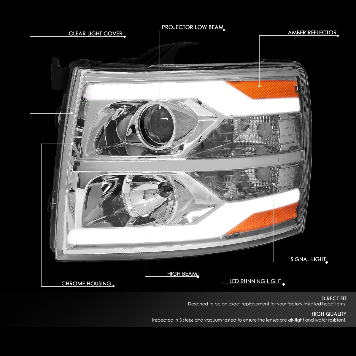 Dna Motoring Hl-Hpl-Csil07-G2-Ch-Am Dual Led Drl Projector Headlight [For 07-14 Chevy Silverado], 1 Pack