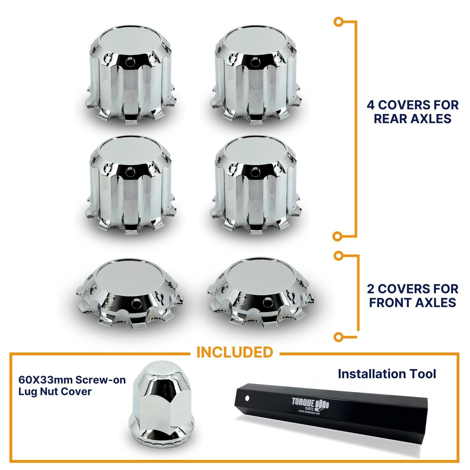 Torque TR634 Luxury Chrome Wheel Cover Set - Front & Rear Axle Kit with Lug Nut Covers for Semi Trucks - Installation Tool Included