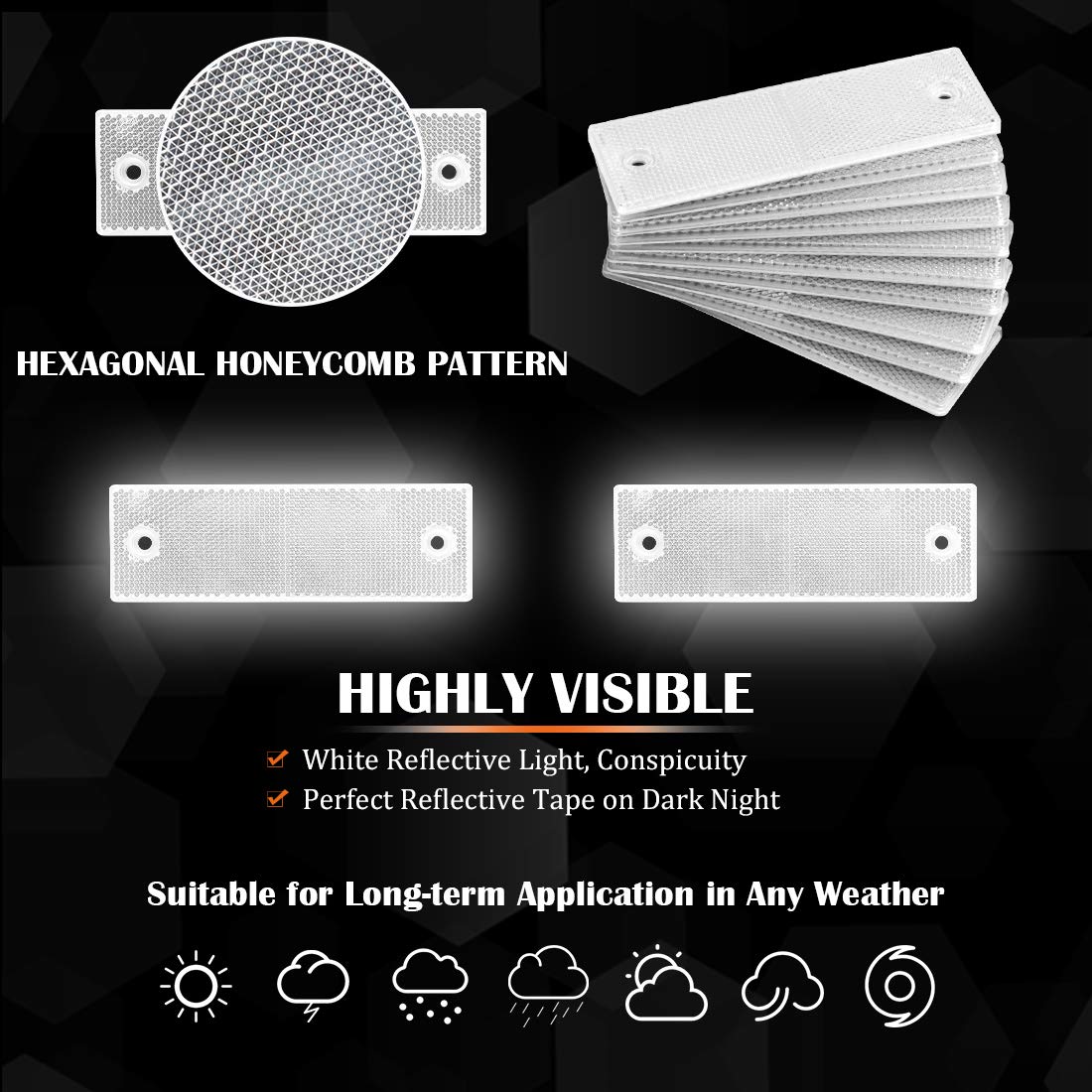 Rustark 50 Pcs White Plastic Rectangular Stick-on Car Reflector Sticker Waterproof Warning Plate Adhesive Reflective with Screw