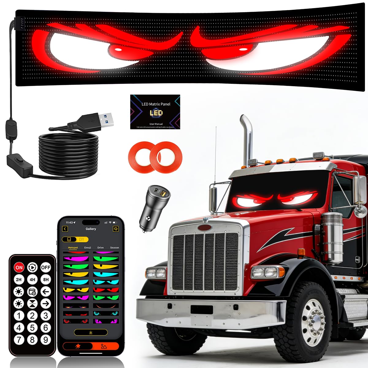 Sooguard Devil Eyes LED Lights for Truck Windshield, 35.4x7.6 Inch Animated Eyes for Car, Truck, SUV, Programmable via App/Remot