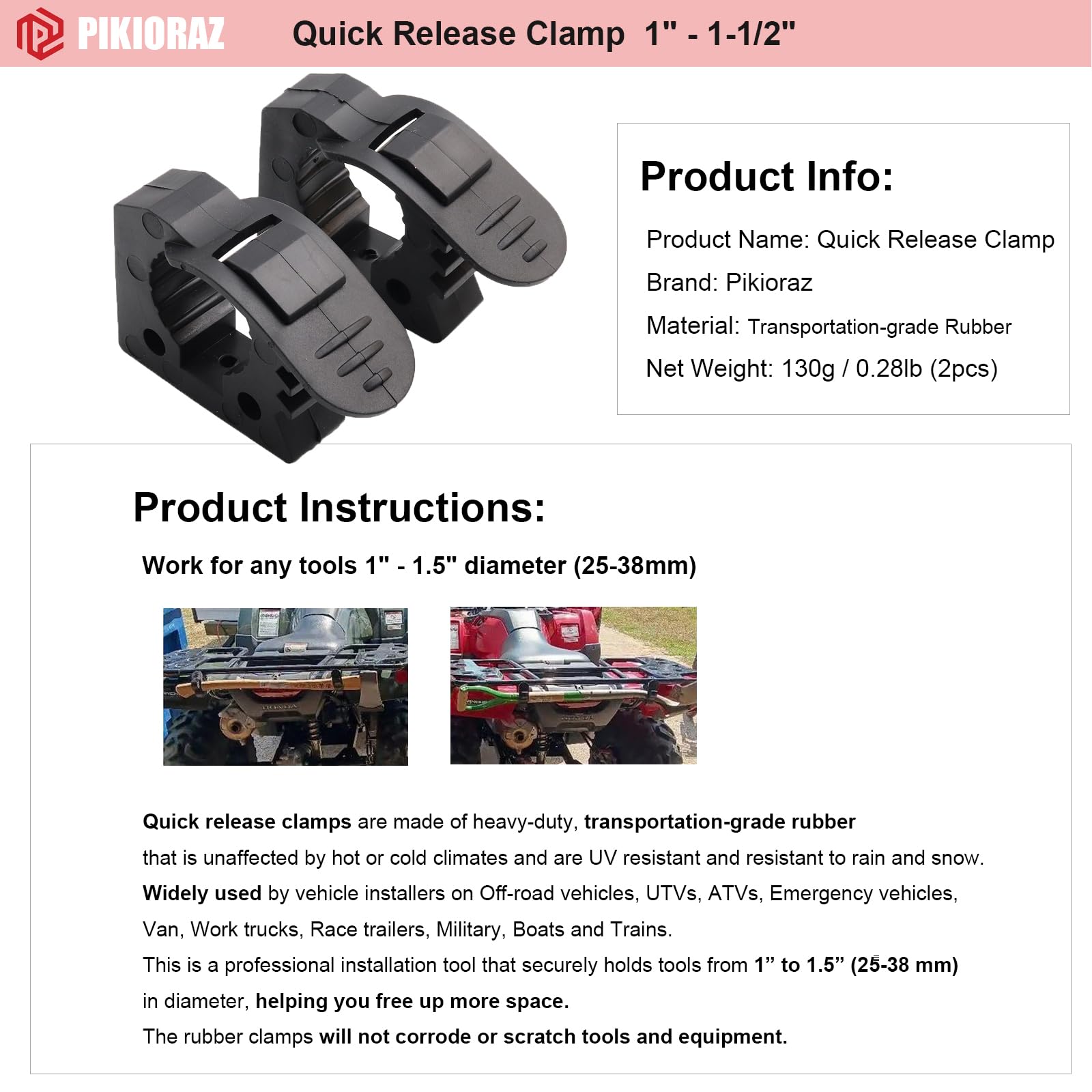 Pikioraz 2PCS Quick-Release Clamp Mount, Rubber Clamp Grip for 1'' - 1-1/2'' Diameter Tools and Equipment Used on Off-road vehic