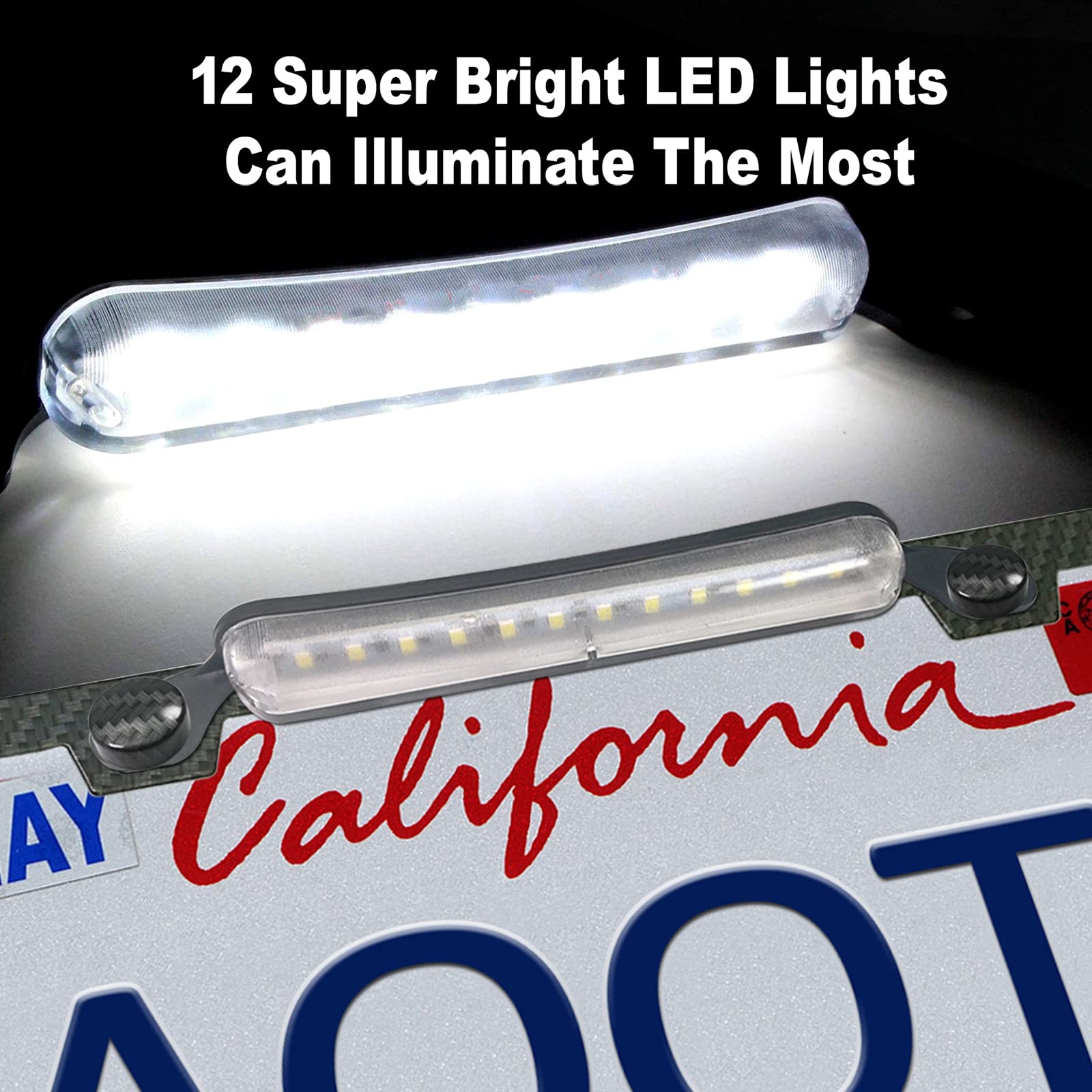 Aootf License Plate Frame With Light Bar Assembly- License Plate Light Lamp Bulbs & Aluminium Carbon Fiber Car Tag Holder Mount