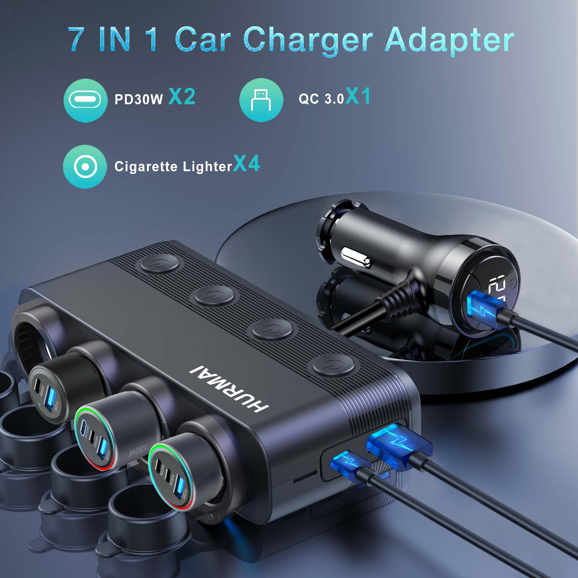 HURMAI Heavy Duty 216W 4-Socket Car USB Charger Adapter with PD30W/QC3.0, Waterproof, Black, Model HS75AD