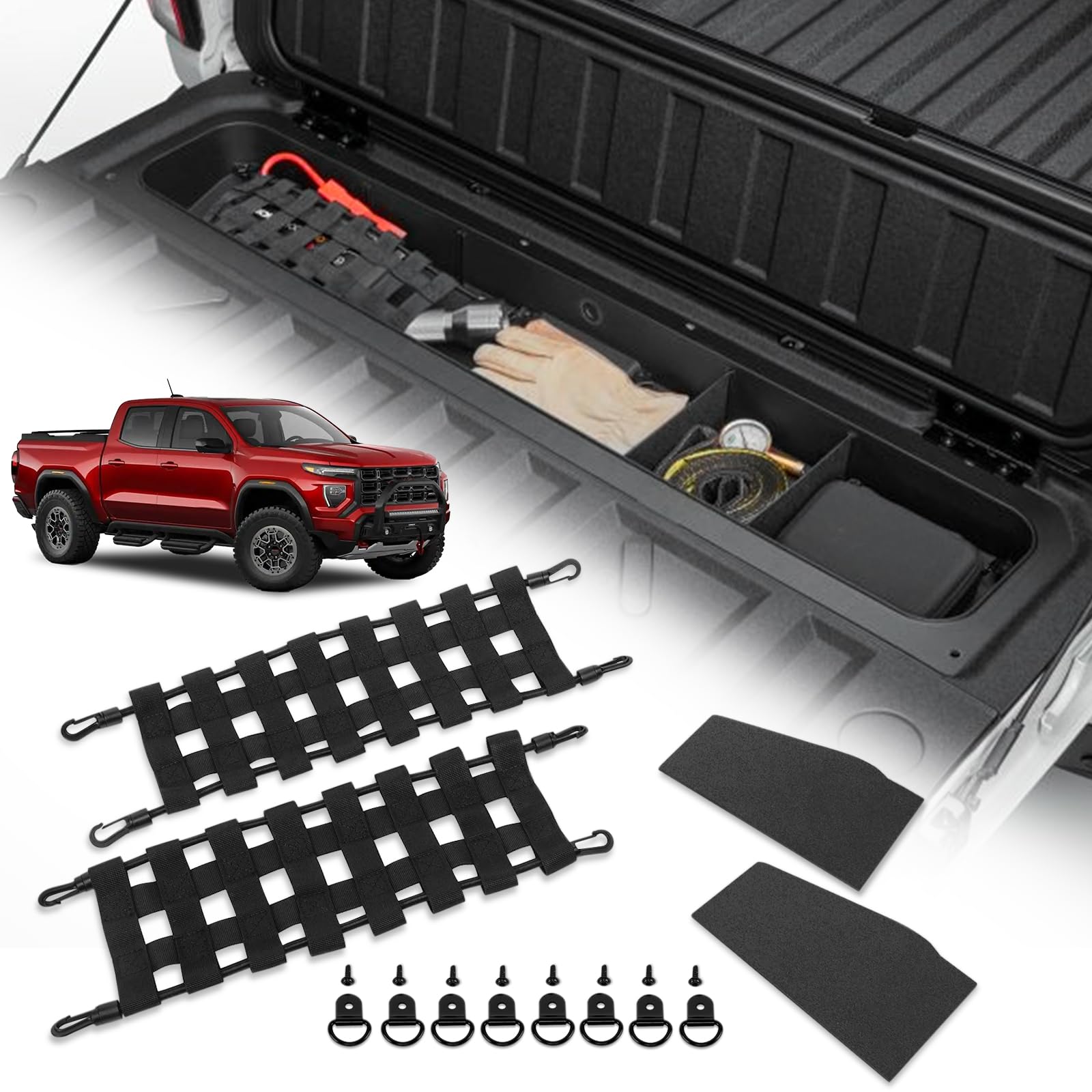 TECHPICCO Tailgate Organizer Compatible with Chevy Colorado/GMC Canyon 2025 2024 2023 | Tailgate Cargo Nets, Dividers, D-Rings C