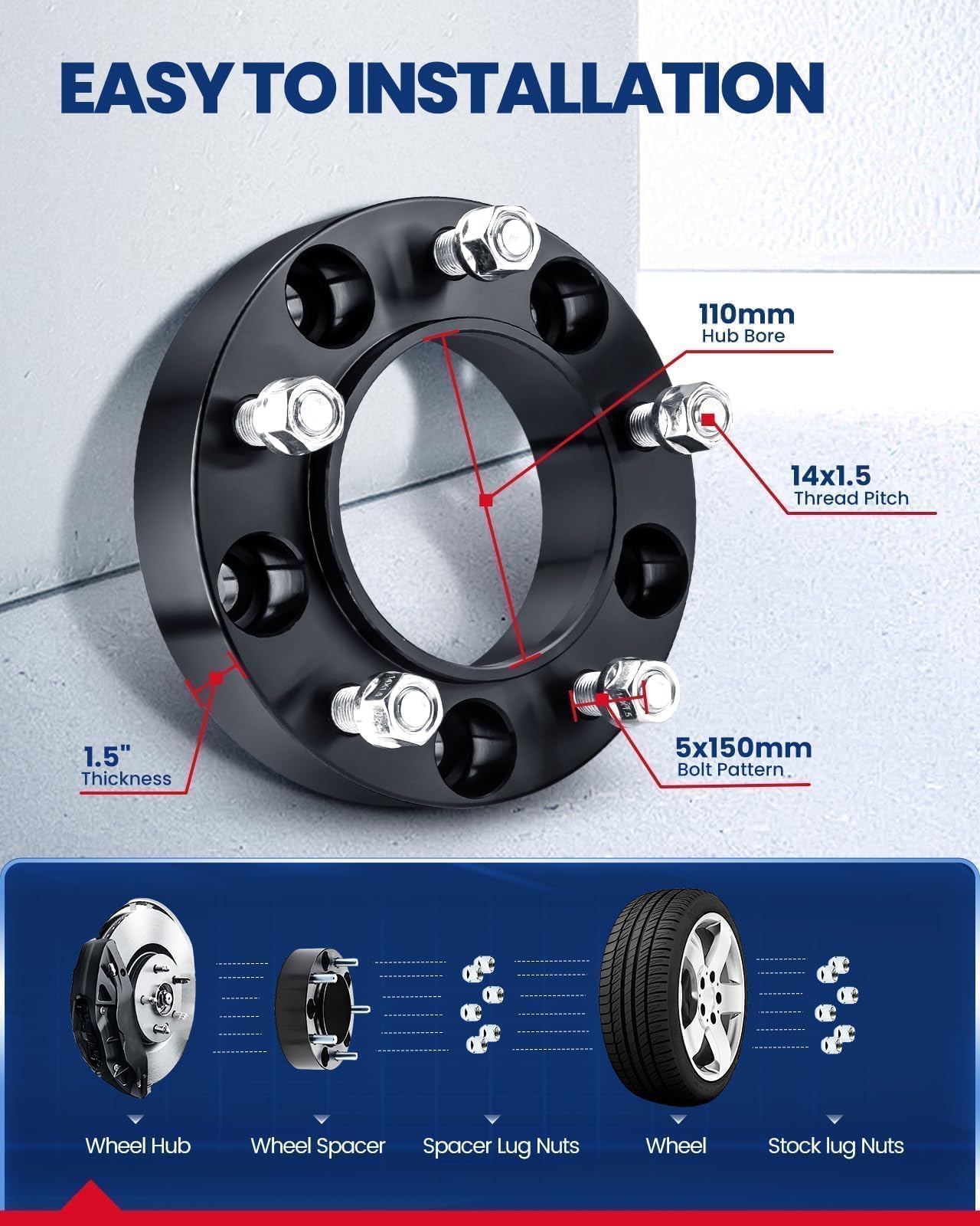Kax 5X150Mm Wheel Spacers,Black Forged 1.5 Inch Hub Centric Wheel Spacer Adapters With M14X1.5 Studs 110Mm Hub Bore,Fit For Tund