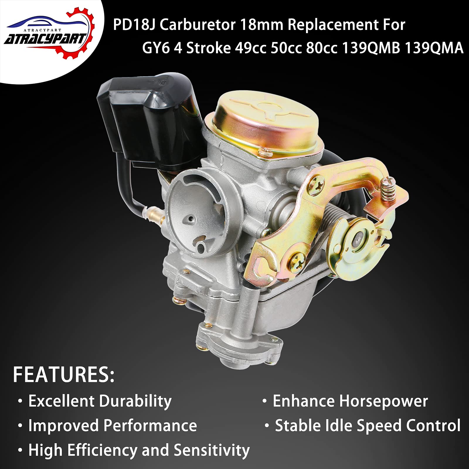 ATRACYPART GY6 50cc Carburetor PD18J 18mm for 4 Stroke 49cc 50cc 80cc Moped Engine with Intake Manifold, Fuel