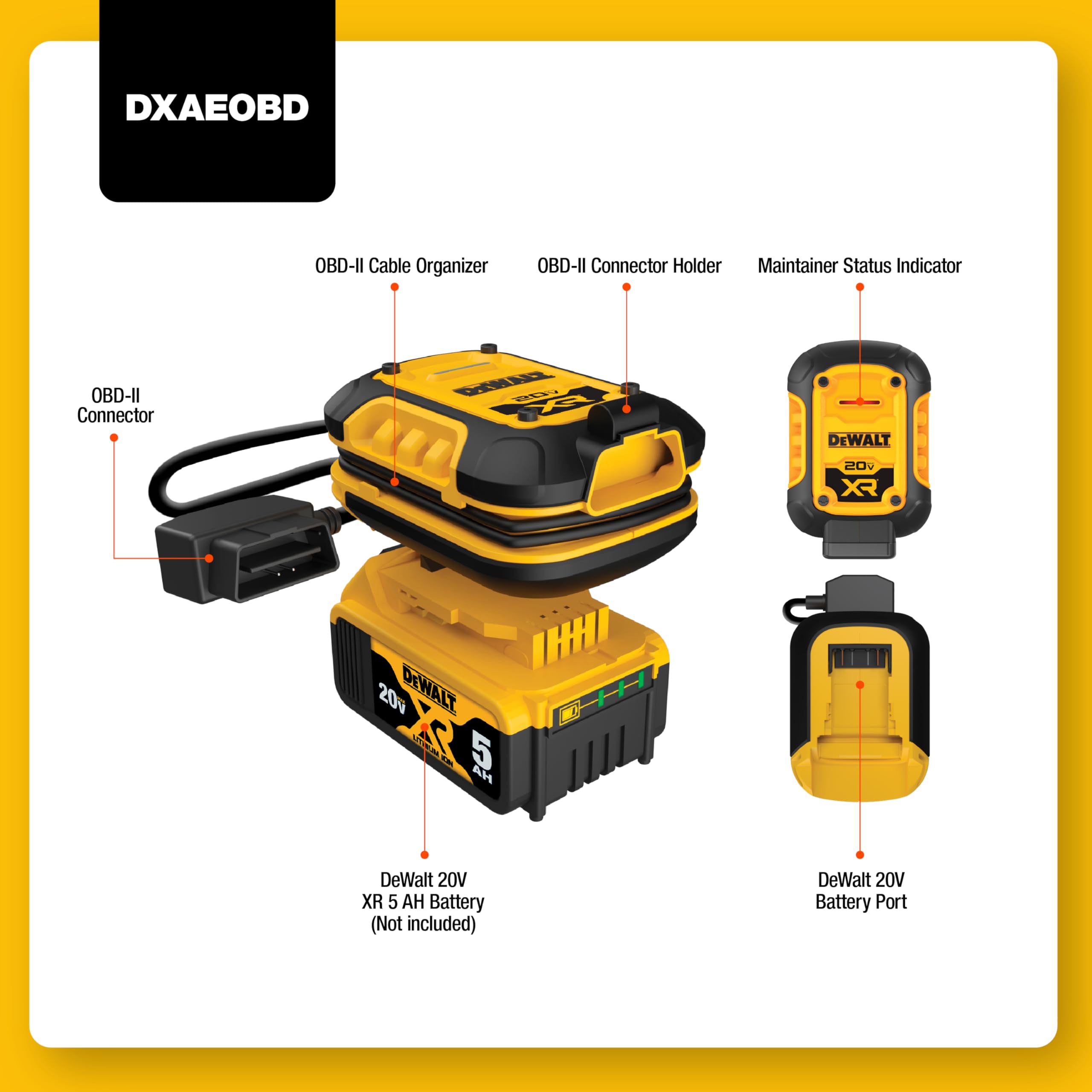 DEWALT DXAEOBD 1 Amp Battery Maintainer for 20V Lithium Battery Pack - Yellow