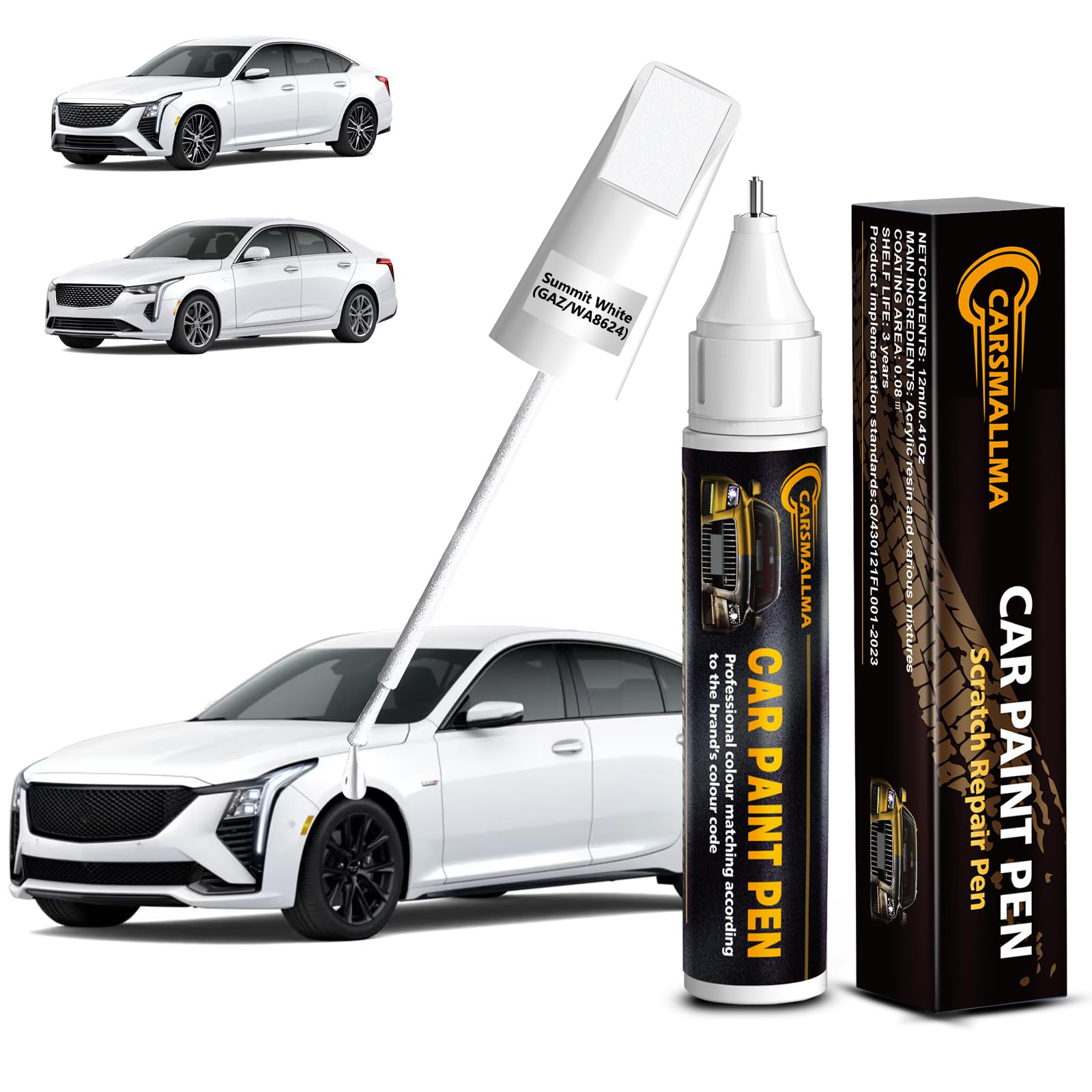 carsmallma Summit White(GAZ/WA8624) Car Touch Up Paint for Cadillac, Color Accurate Car Paint Scratch Repair Pen Kit Quick & Eas