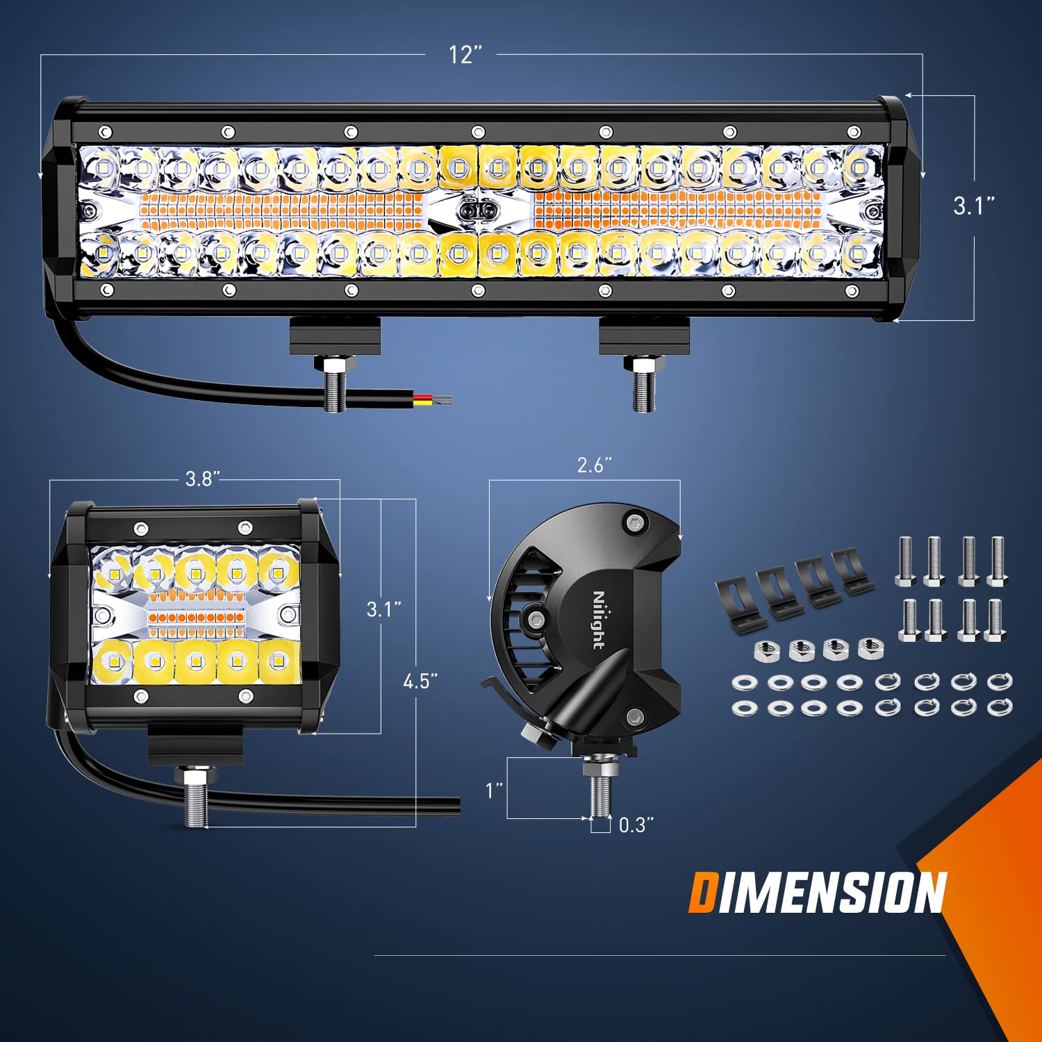 Nilight 12Inch 300W Led Light Bar 2Pcs 4Inch 60W Light Pods Amber White Strobe 6 Modes Memory Function Reset Function Off Road T