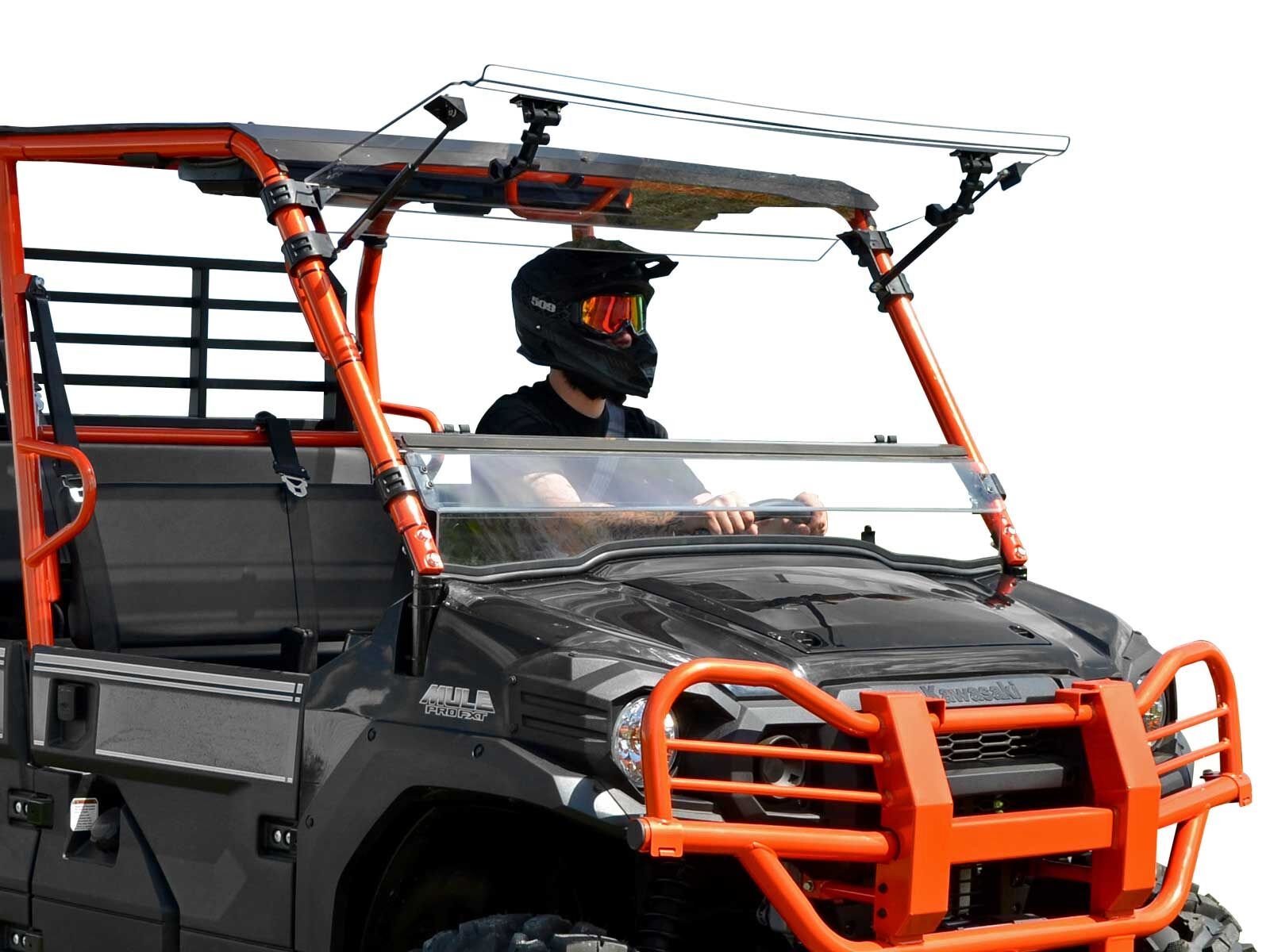 SuperATV Heavy Duty Flip Windshield For Kawasaki Mule Pro FXT FX DXT DX 2015+, Set to Vented, Closed Or Open, Made of 1/4 Scratc