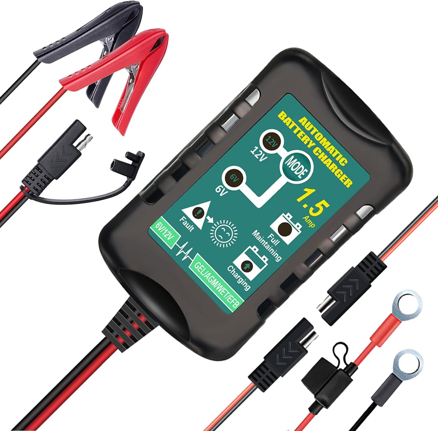 12V / 6V Battery Trickle Charger Maintainer, 1.5A Automatic Smart Float Charger Battery Tender Charger for Motorcycle Lawn Mower