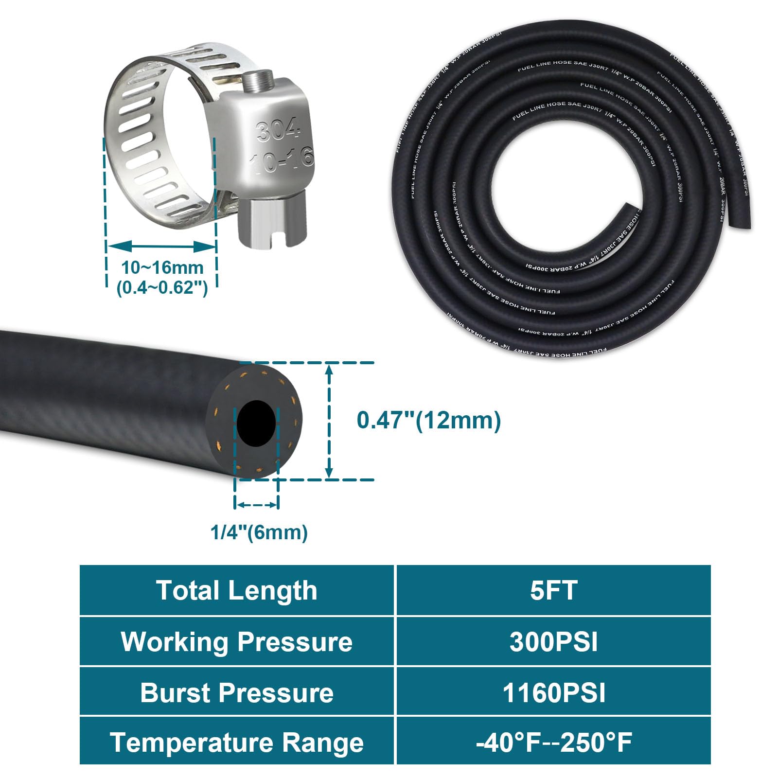 Vwtni 1/4 Fuel Line, Fuel Line Hose 5 Feet, Nbr Rubber Gasoline Tube With 5Pcs Stainless Steel Clamps.