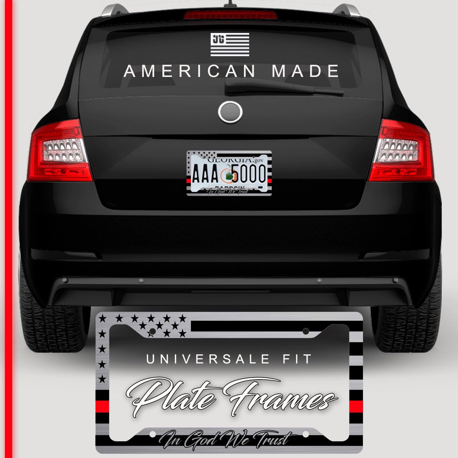 American Flag In God We Trust License Plate Frame + Red Line Coasters + Keychain - Perfect For God And Country Lovers - Tactical