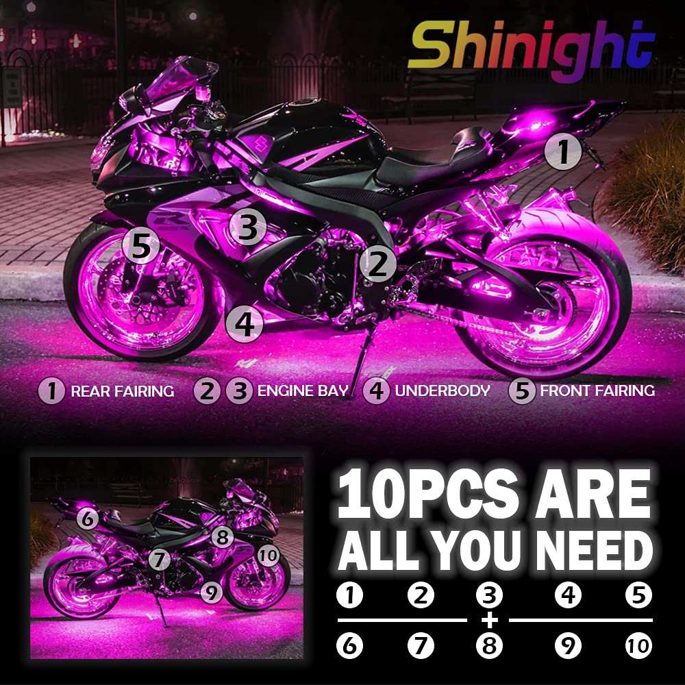 Brightronic Motorcycle LED Light Kits - 10 Pcs Multicolor Waterproof Strip Lights, App Control, Music Sync, Model AML-2-10